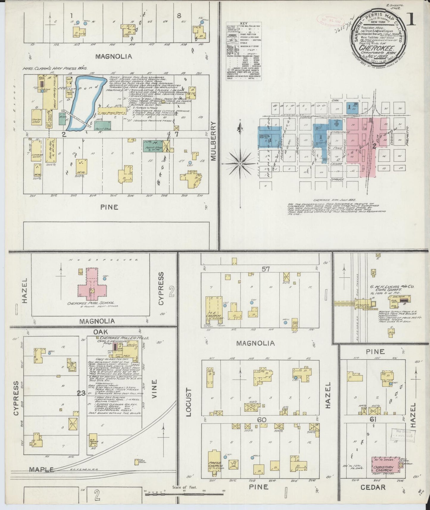 Sanborn Fire Insurance Map from Cherokee, Crawford County, Kansas (1892), Sheet #0001 - Historic Sanborn Fire Insurance Map Print, vintage old map wall art, antique decor, genealogy gift, Kansas Kansas map