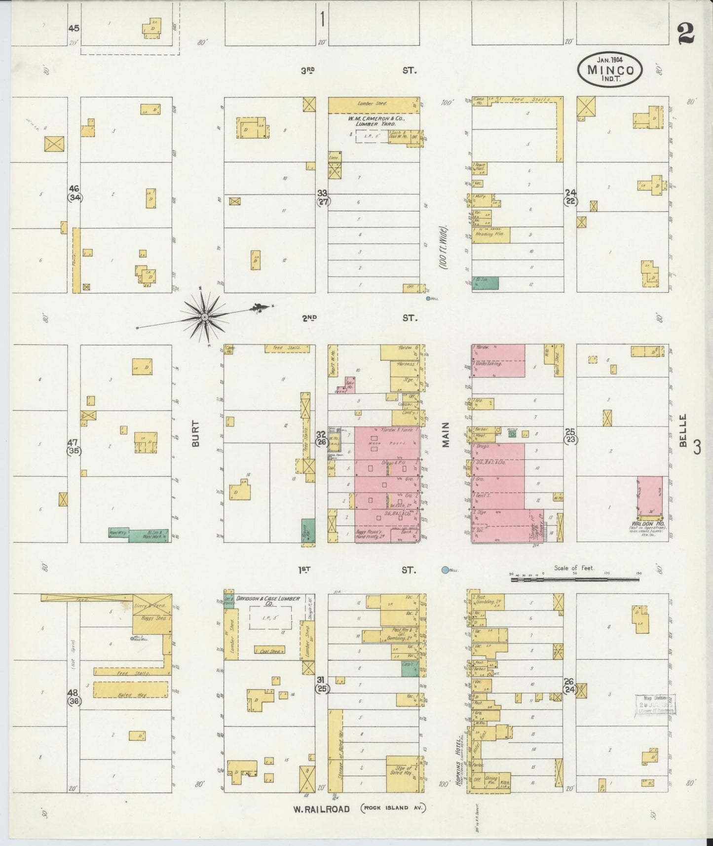 Sanborn Fire Insurance Map from Minco, Grady County, Oklahoma (1904), Sheet #0002 - Historic Sanborn Fire Insurance Map Print, vintage old map wall art, antique decor, genealogy gift, Oklahoma Oklahoma map