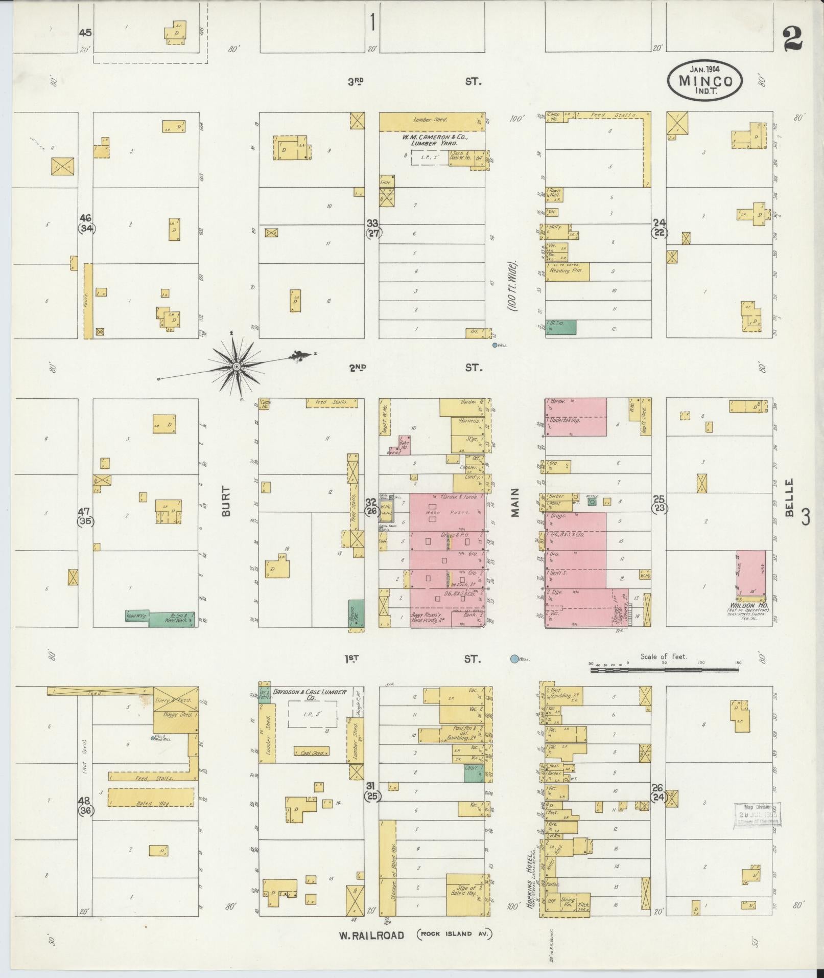 Sanborn Fire Insurance Map from Minco, Grady County, Oklahoma (1904), Sheet #0002 - Historic Sanborn Fire Insurance Map Print, vintage old map wall art, antique decor, genealogy gift, Oklahoma Oklahoma map