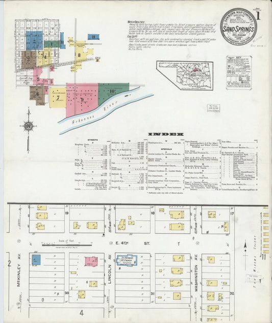 Sanborn Fire Insurance Map from Sand Springs, Tulsa County, Oklahoma (1919), Sheet #0001 - Historic Sanborn Fire Insurance Map Print, vintage old map wall art, antique decor, genealogy gift, Oklahoma Oklahoma map