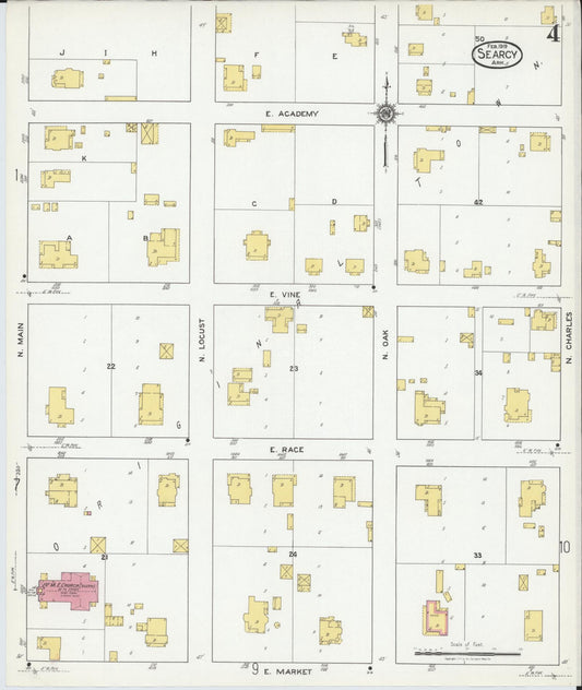 Sanborn Fire Insurance Map from Searcy, White County, Arkansas (1919), Sheet #0004 - Historic Sanborn Fire Insurance Map Print, vintage old map wall art, antique decor, genealogy gift, Arkansas Arkansas map