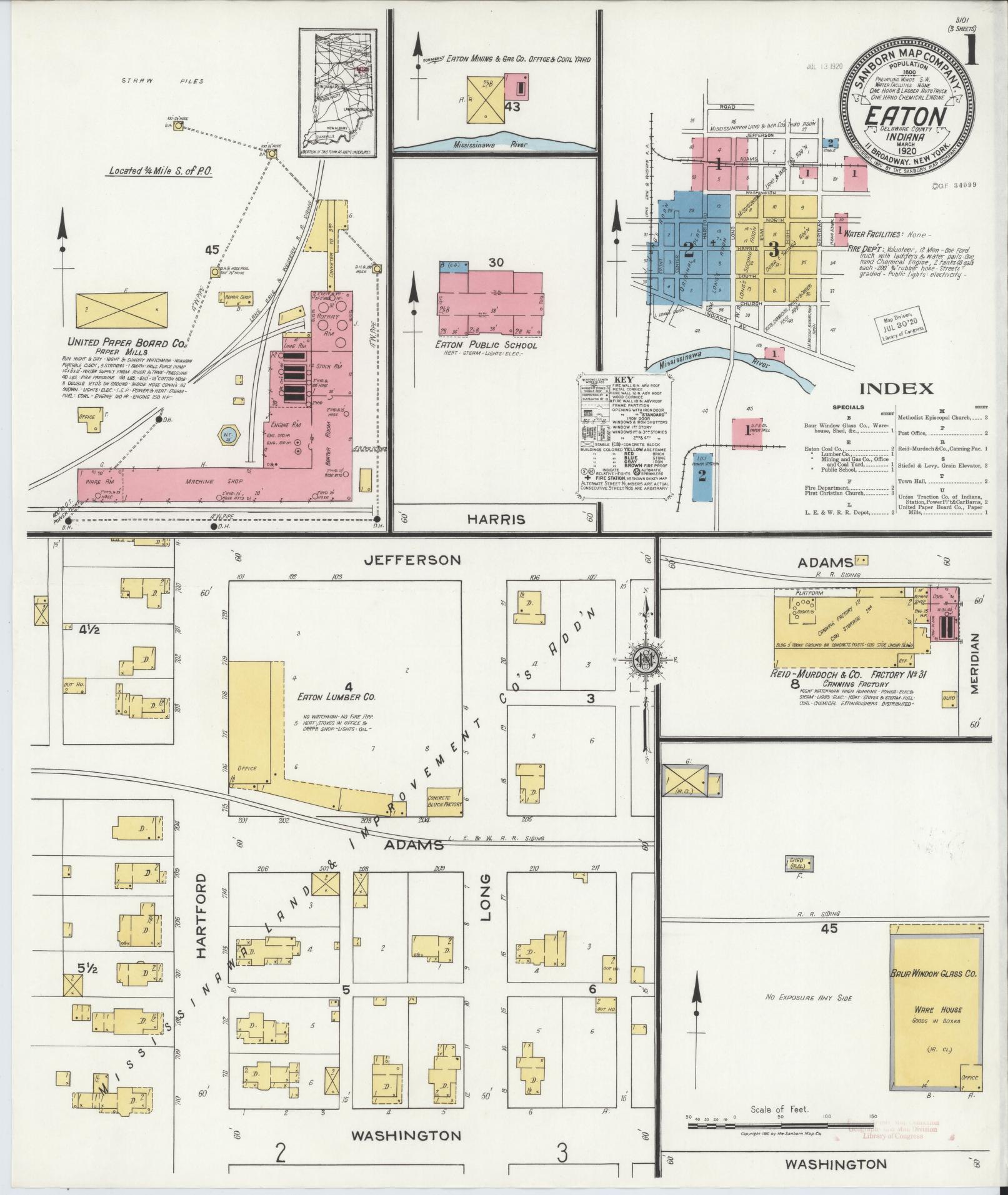 Sanborn Fire Insurance Map from Eaton, Delaware County, Indiana (1920), Sheet #0001 - Complete Map Set gallery image, historic Sanborn map, vintage wall art, Indiana Indiana