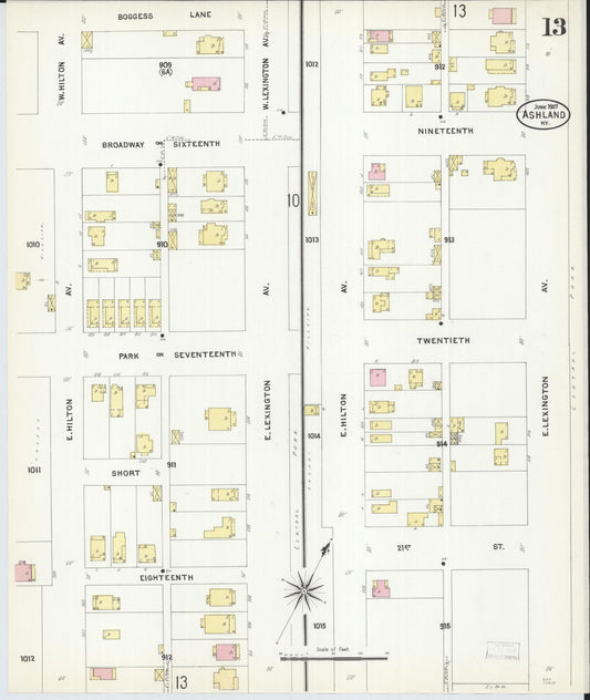 Sanborn Fire Insurance Map from Ashland, Boyd County, Kentucky (1907), Sheet #0013 - Historic Sanborn Fire Insurance Map Print, vintage old map wall art, antique decor, genealogy gift, Kentucky Kentucky map