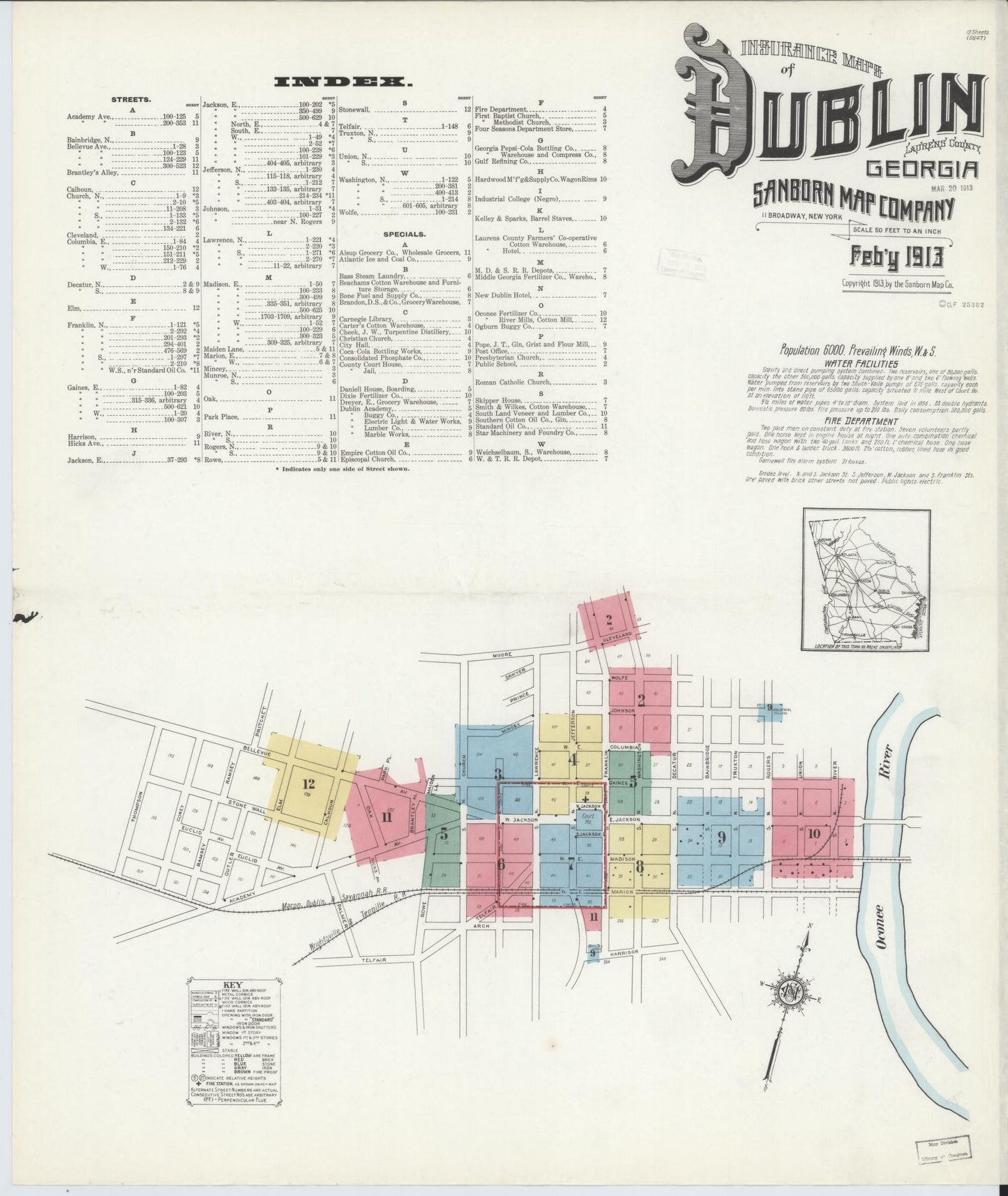 Sanborn Fire Insurance Map from Dublin, Laurens County, Georgia (1913), Sheet #0001 - Historic Sanborn Fire Insurance Map Print, vintage old map wall art, antique decor, genealogy gift, Georgia Georgia map