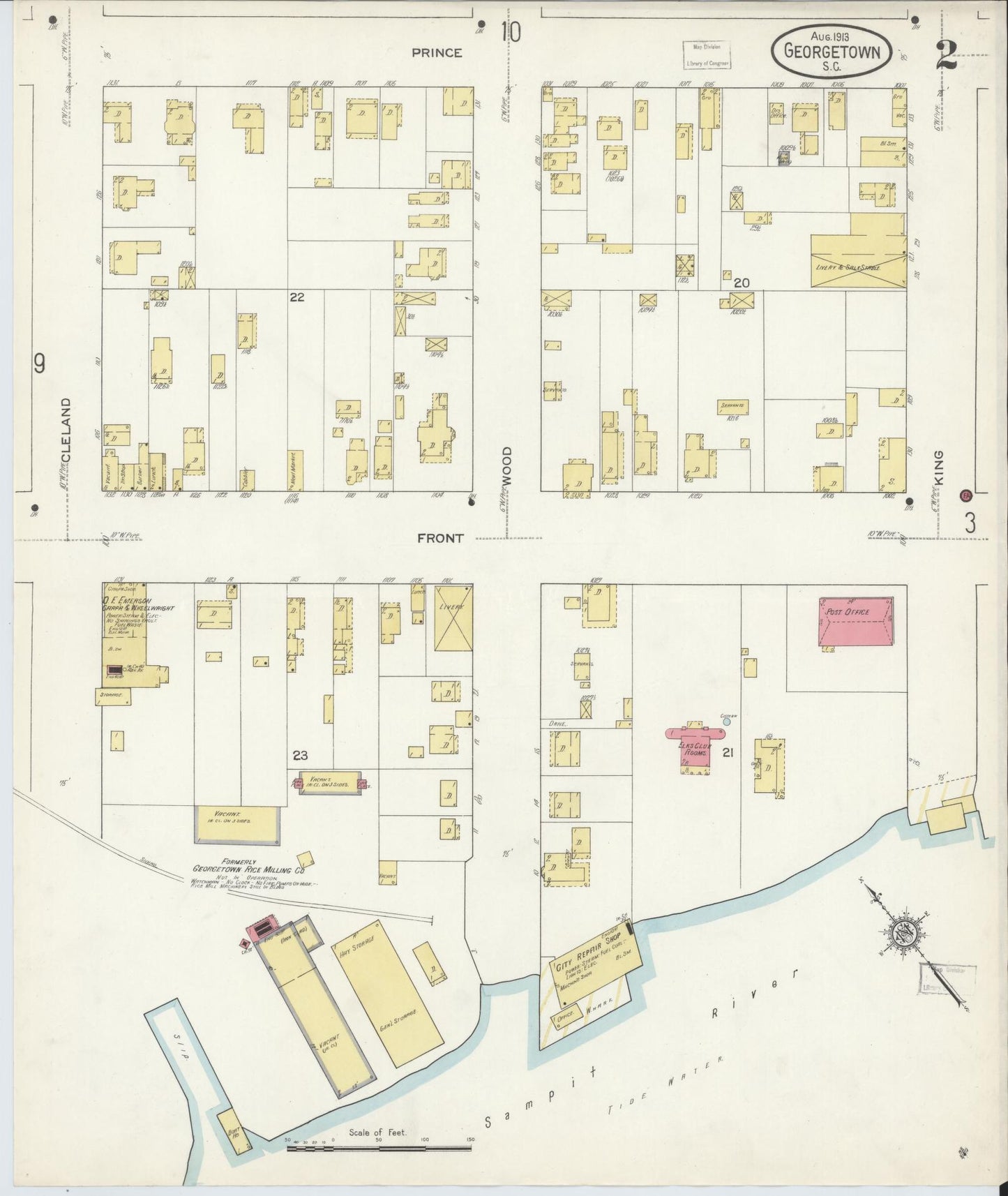Sanborn Fire Insurance Map from Georgetown, Georgetown County, South Carolina (1913), Sheet #0002 - Historic Sanborn Fire Insurance Map Print, vintage old map wall art, antique decor, genealogy gift, South Carolina South Carolina map