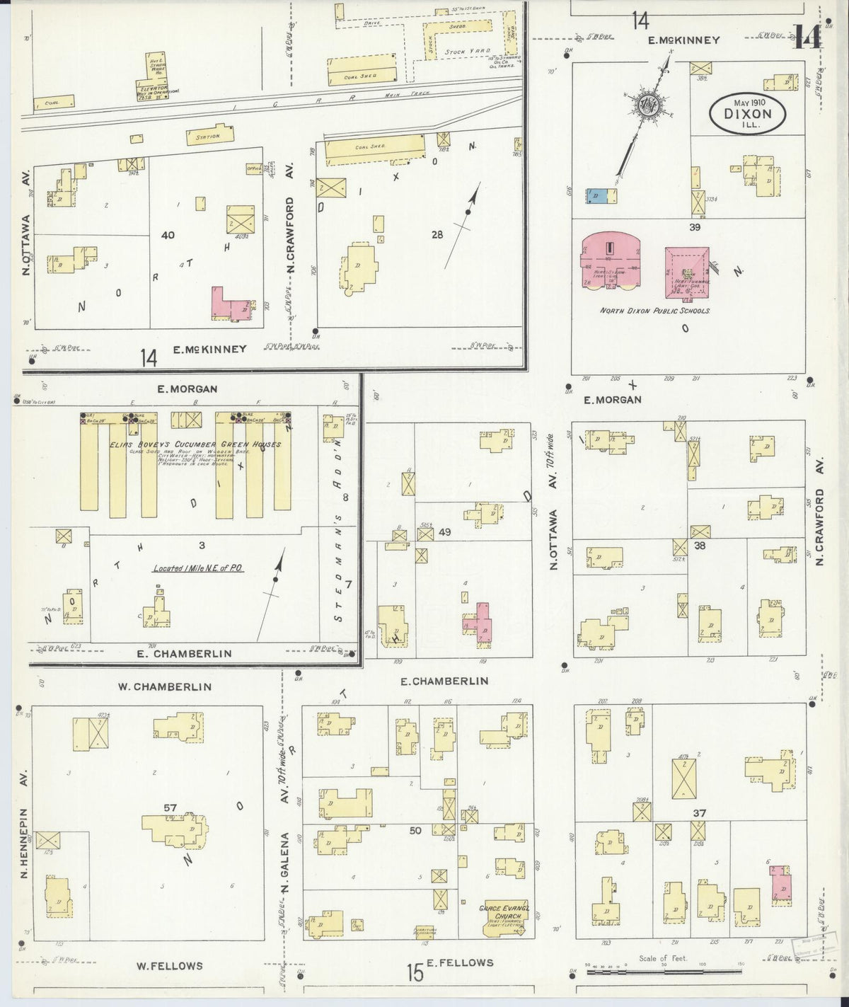 Sanborn Fire Insurance Map from Dixon, Lee County, Illinois (1910), Sheet #0014 - Complete Map Set gallery image, historic Sanborn map, vintage wall art, Illinois Illinois