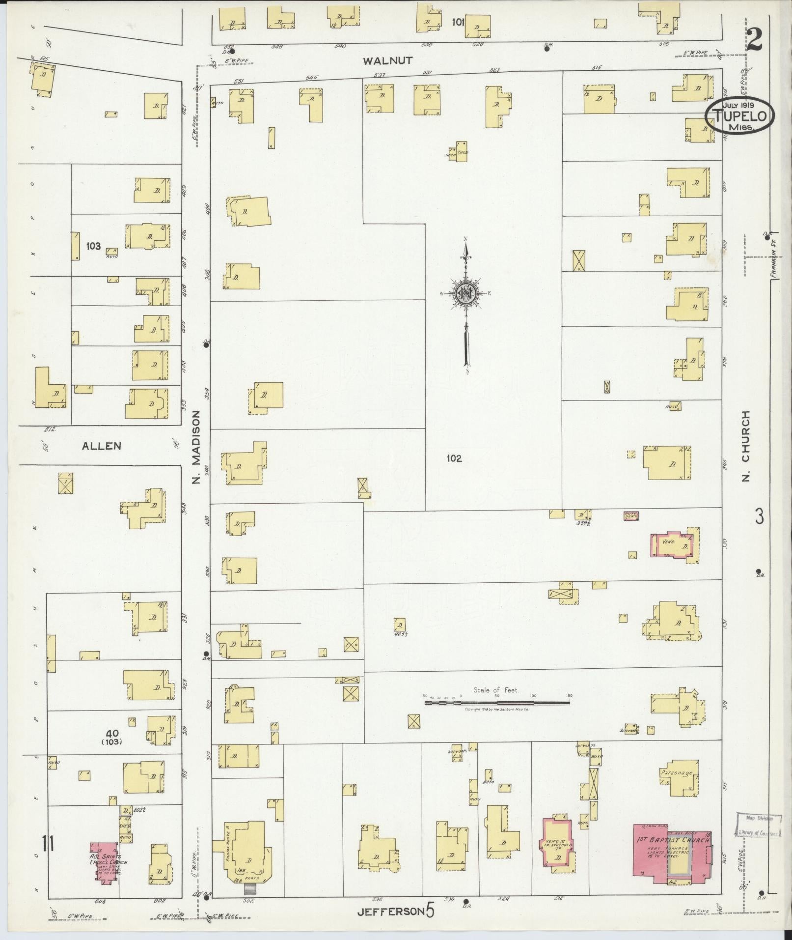 Sanborn Fire Insurance Map from Tupelo, Lee County, Mississippi (1919), Sheet #0002 - Historic Sanborn Fire Insurance Map Print, vintage old map wall art, antique decor, genealogy gift, Mississippi Mississippi map