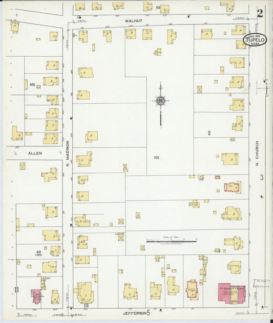 Sanborn Fire Insurance Map from Tupelo, Lee County, Mississippi (1919), Sheet #0002 - Historic Sanborn Fire Insurance Map Print, vintage old map wall art, antique decor, genealogy gift, Mississippi Mississippi map