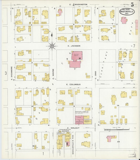 Sanborn Fire Insurance Map from Martinsville, Morgan County, Indiana (1908), Sheet #0005 - Historic Sanborn Fire Insurance Map Print, vintage old map wall art, antique decor, genealogy gift, Indiana Indiana map
