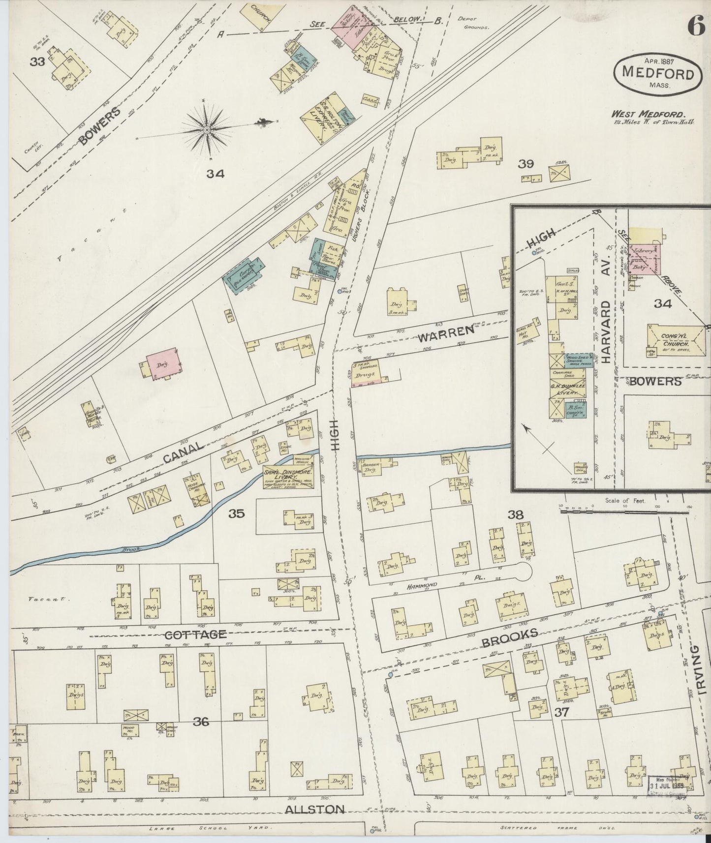 Sanborn Fire Insurance Map from Medford, Middlesex County, Massachusetts (1887), Sheet #0006 - Complete Map Set gallery image, historic Sanborn map, vintage wall art, Massachusetts Massachusetts