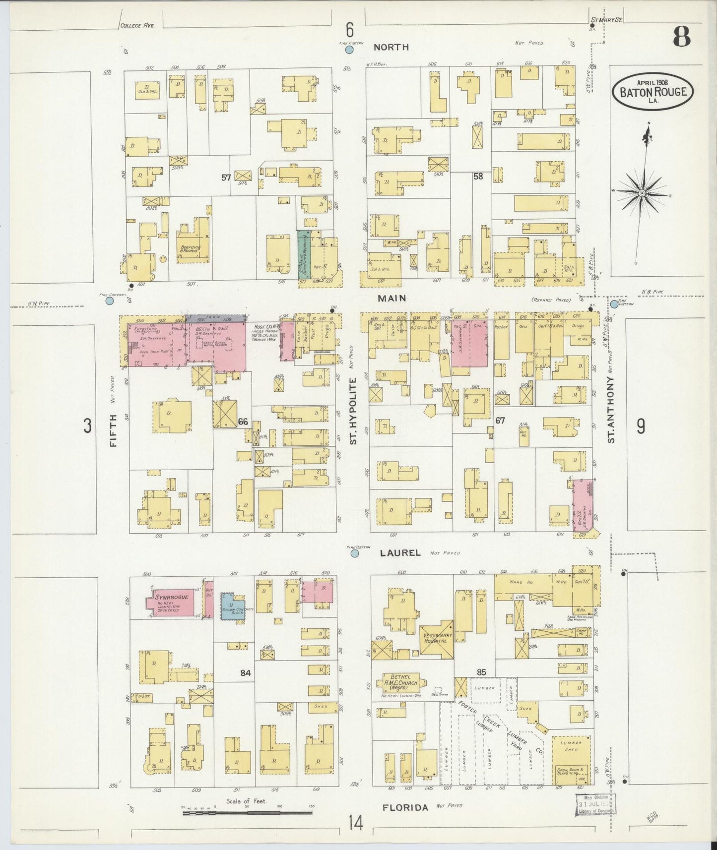 Sanborn Fire Insurance Map from Baton Rouge, East Baton Rouge Parish, Louisiana (1908), Sheet #0008 - Historic Sanborn Fire Insurance Map Print, vintage old map wall art, antique decor, genealogy gift, Louisiana Louisiana map