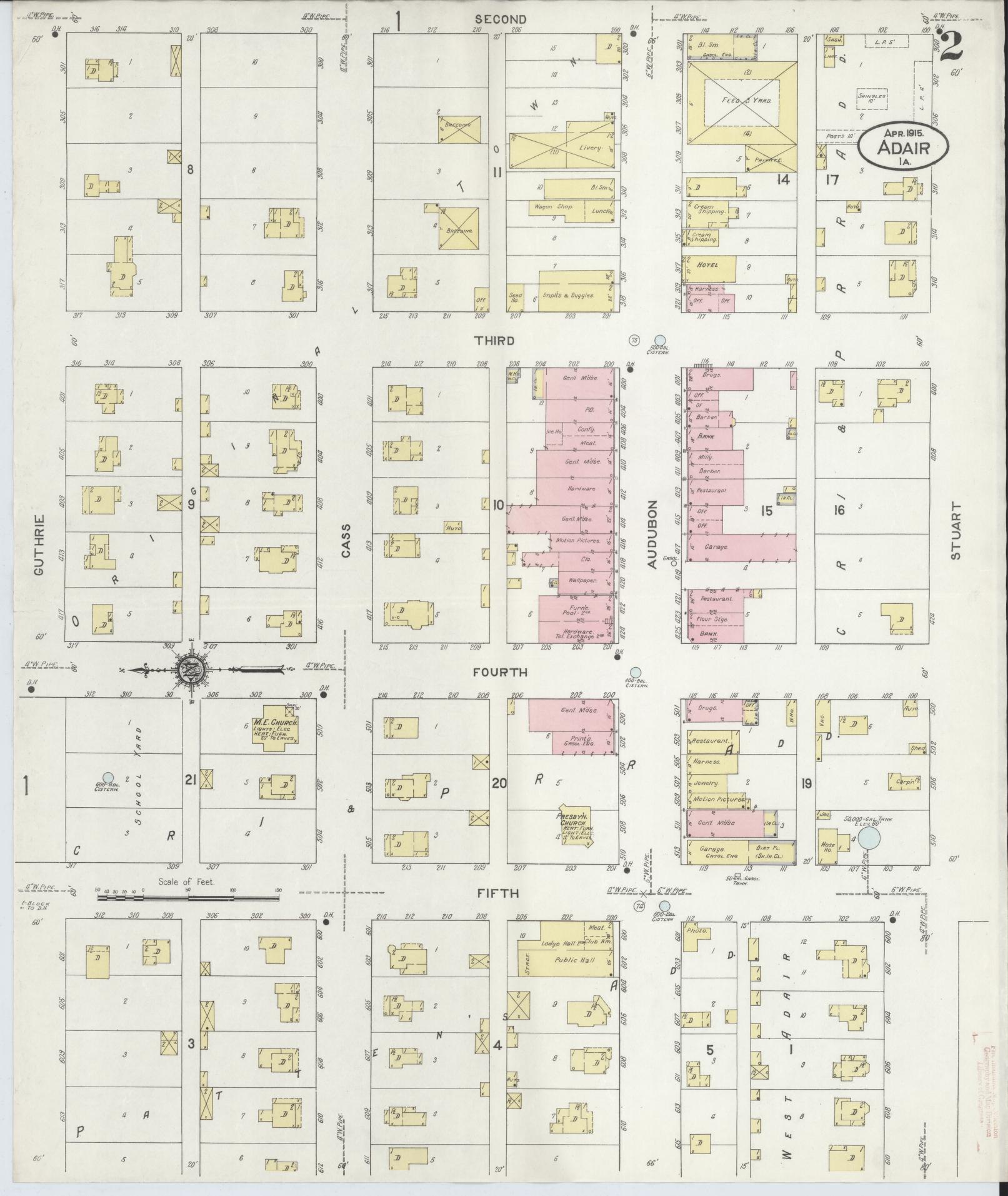 Sanborn Fire Insurance Map from Adair, Adair and Guthrie Counties, Iowa (1915), Sheet #0002 - Historic Sanborn Fire Insurance Map Print, vintage old map wall art