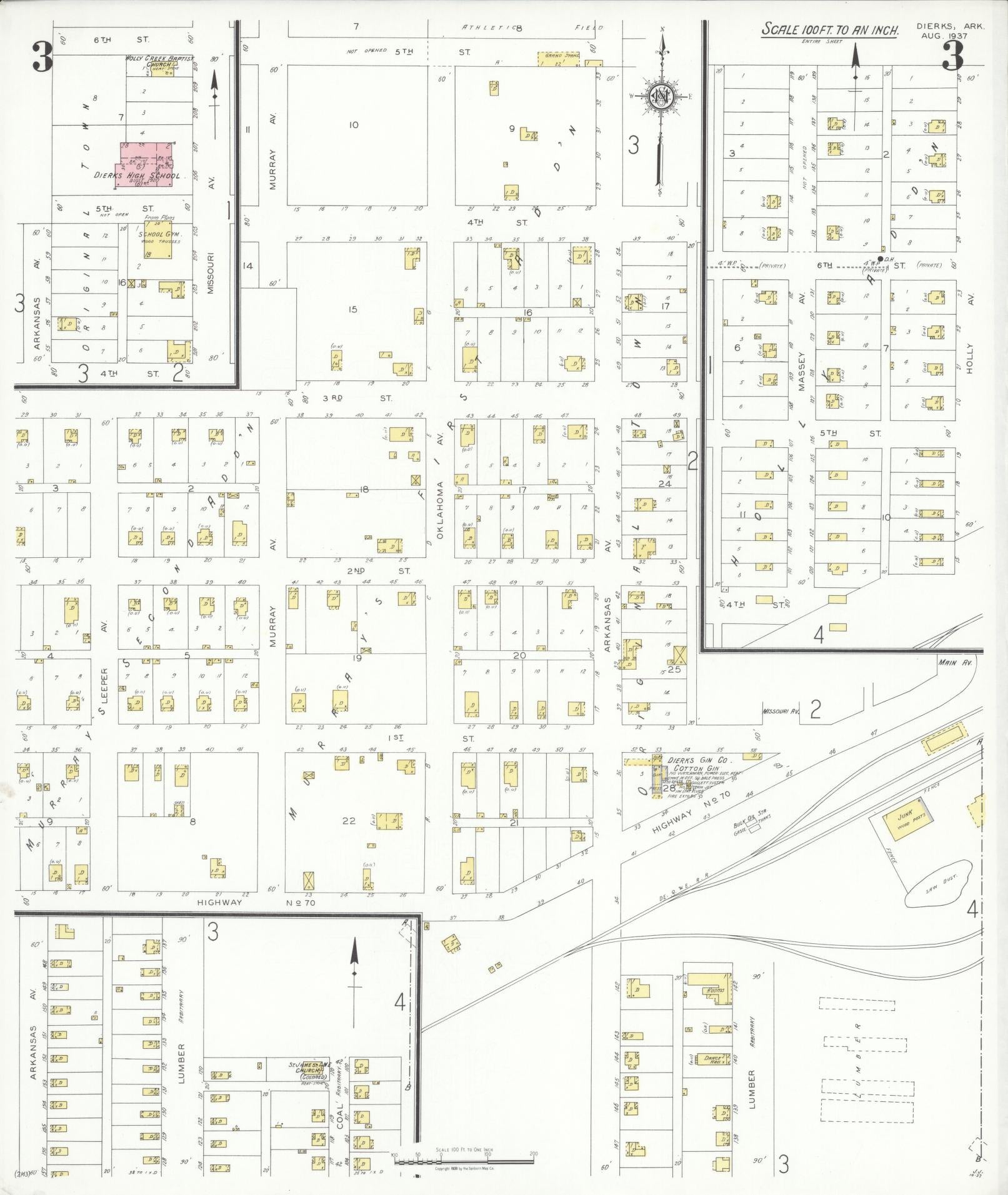 Sanborn Fire Insurance Map from Dierks, Howard County, Arkansas (1937), Sheet #0003 - Complete Map Set gallery image, historic Sanborn map, vintage wall art, Arkansas Arkansas