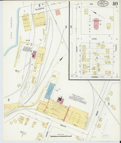 Sanborn Fire Insurance Map from Cadillac, Wexford County, Michigan (1906), Sheet #0010 - Historic Sanborn Fire Insurance Map Print, vintage old map wall art, antique decor, genealogy gift, Michigan Michigan map