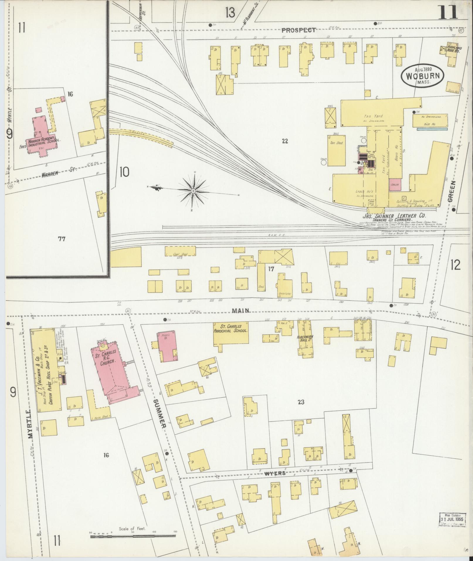 Sanborn Fire Insurance Map from Woburn, Middlesex County, Massachusetts (1899), Sheet #0011 - Historic Sanborn Fire Insurance Map Print, vintage old map wall art, antique decor, genealogy gift, Massachusetts Massachusetts map