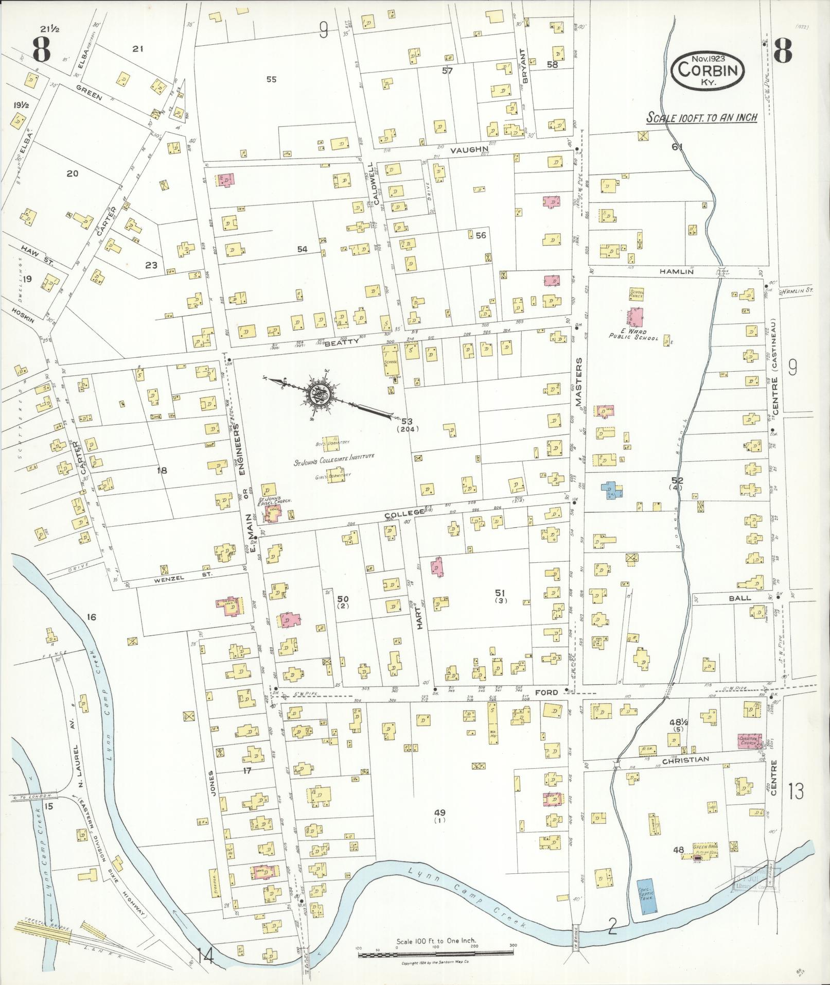 Sanborn Fire Insurance Map from Corbin, Knox and Whitley Counties, Kentucky (1923), Sheet #0008 - Historic Sanborn Fire Insurance Map Print, vintage old map wall art, antique decor, genealogy gift, Kentucky Kentucky map