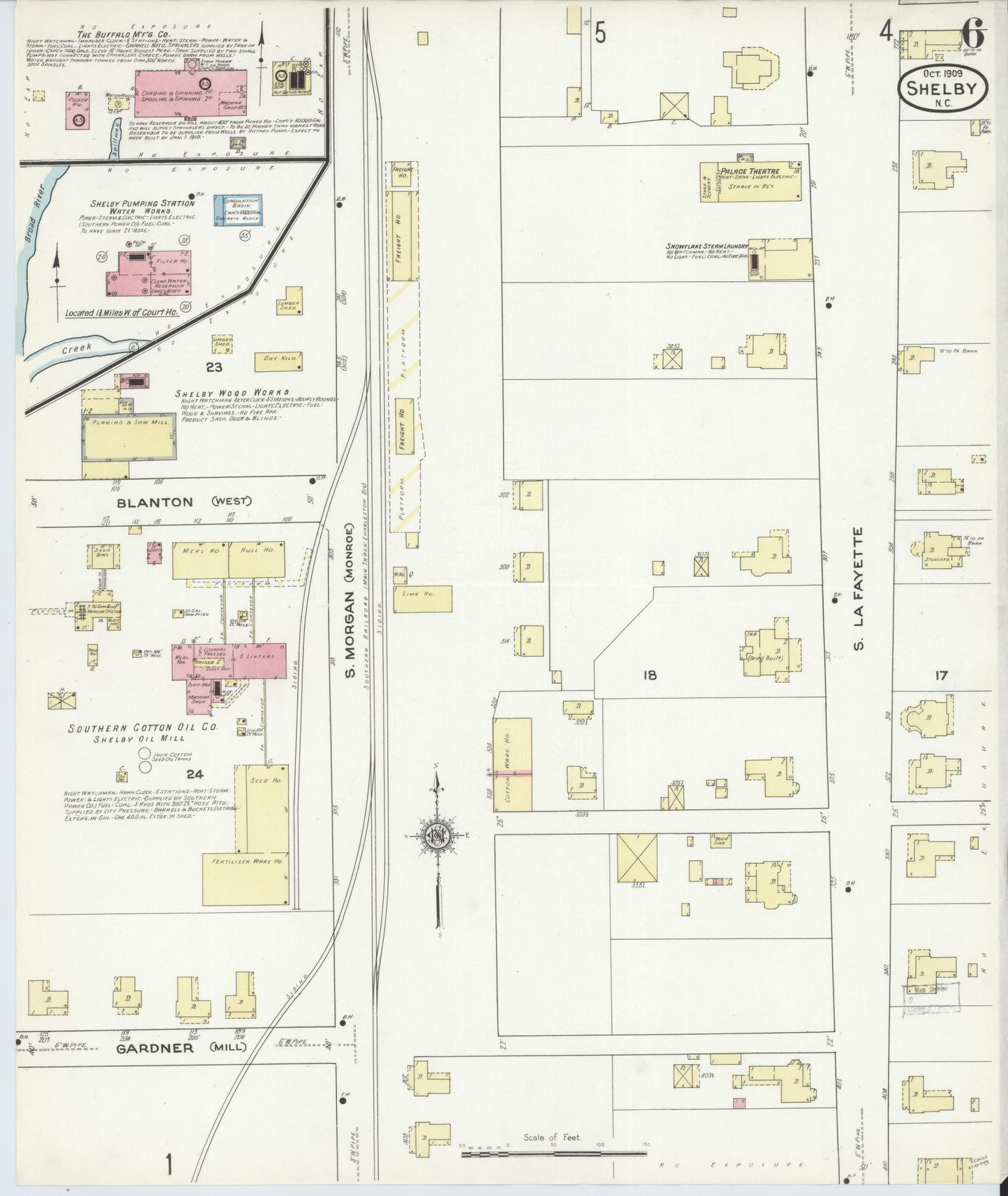 Sanborn Fire Insurance Map from Shelby, Cleveland County, North Carolina (1909), Sheet #0006 - Historic Sanborn Fire Insurance Map Print, vintage old map wall art, antique decor, genealogy gift, North Carolina North Carolina map