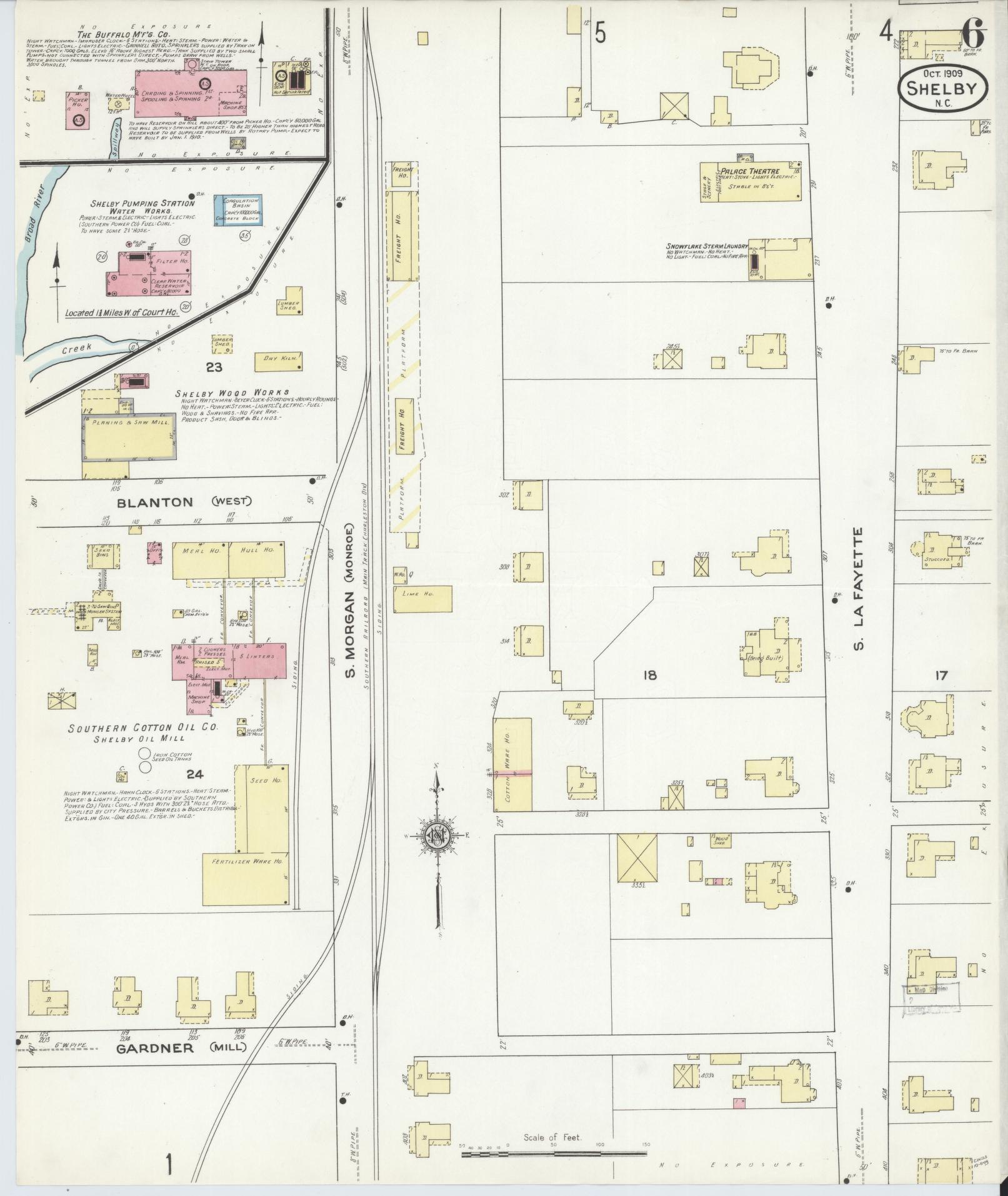 Sanborn Fire Insurance Map from Shelby, Cleveland County, North Carolina (1909), Sheet #0006 - Historic Sanborn Fire Insurance Map Print, vintage old map wall art, antique decor, genealogy gift, North Carolina North Carolina map
