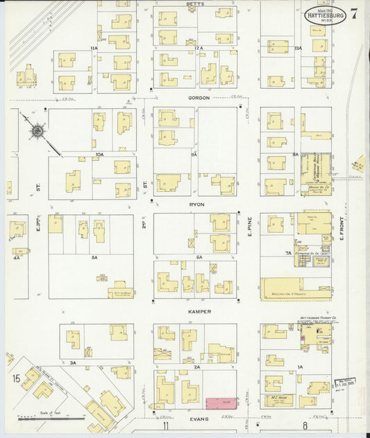 Sanborn Fire Insurance Map from Hattiesburg, Forrest County, Mississippi (1910), Sheet #0007 - Historic Sanborn Fire Insurance Map Print, vintage old map wall art, antique decor, genealogy gift, Mississippi Mississippi map