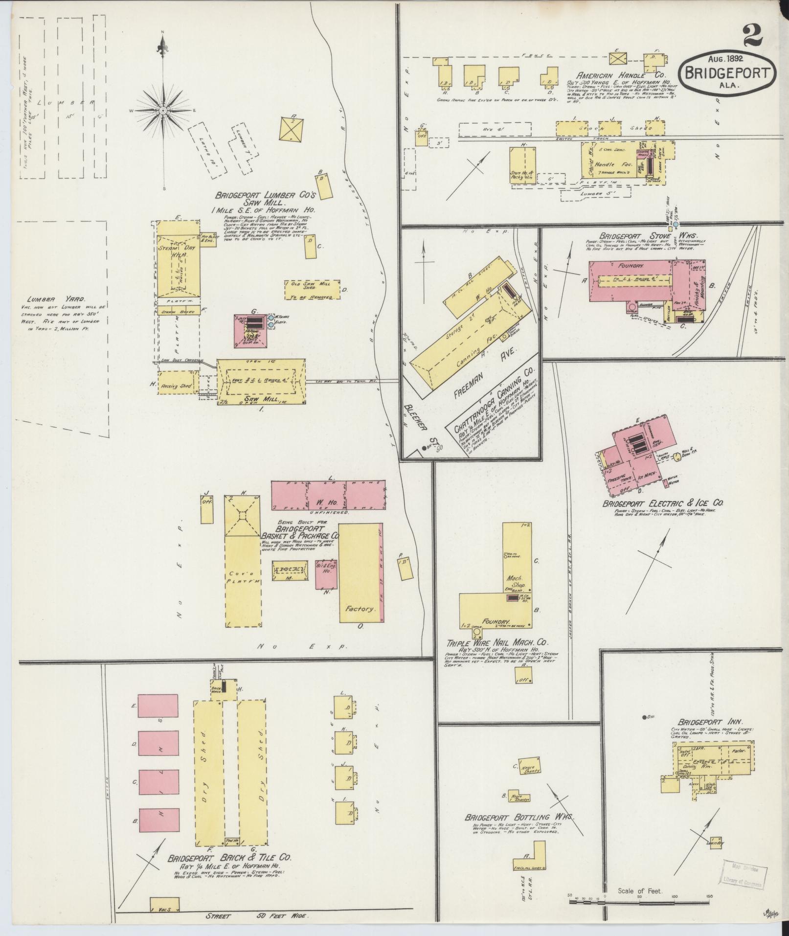 Sanborn Fire Insurance Map from Bridgeport, Jackson County, Alabama (1892), Sheet #0002 - Historic Sanborn Fire Insurance Map Print, vintage old map wall art, antique decor, genealogy gift, Alabama Alabama map