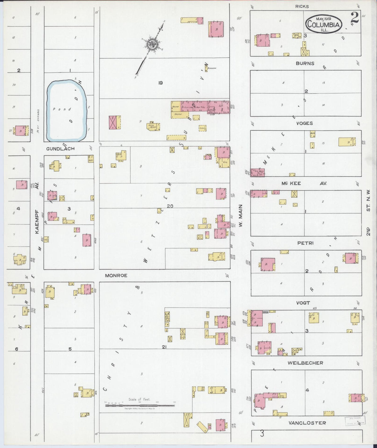 Sanborn Fire Insurance Map from Columbia, Monroe County, Illinois (1919), Sheet #0002 - Historic Sanborn Fire Insurance Map Print, vintage old map wall art, antique decor, genealogy gift, Illinois Illinois map