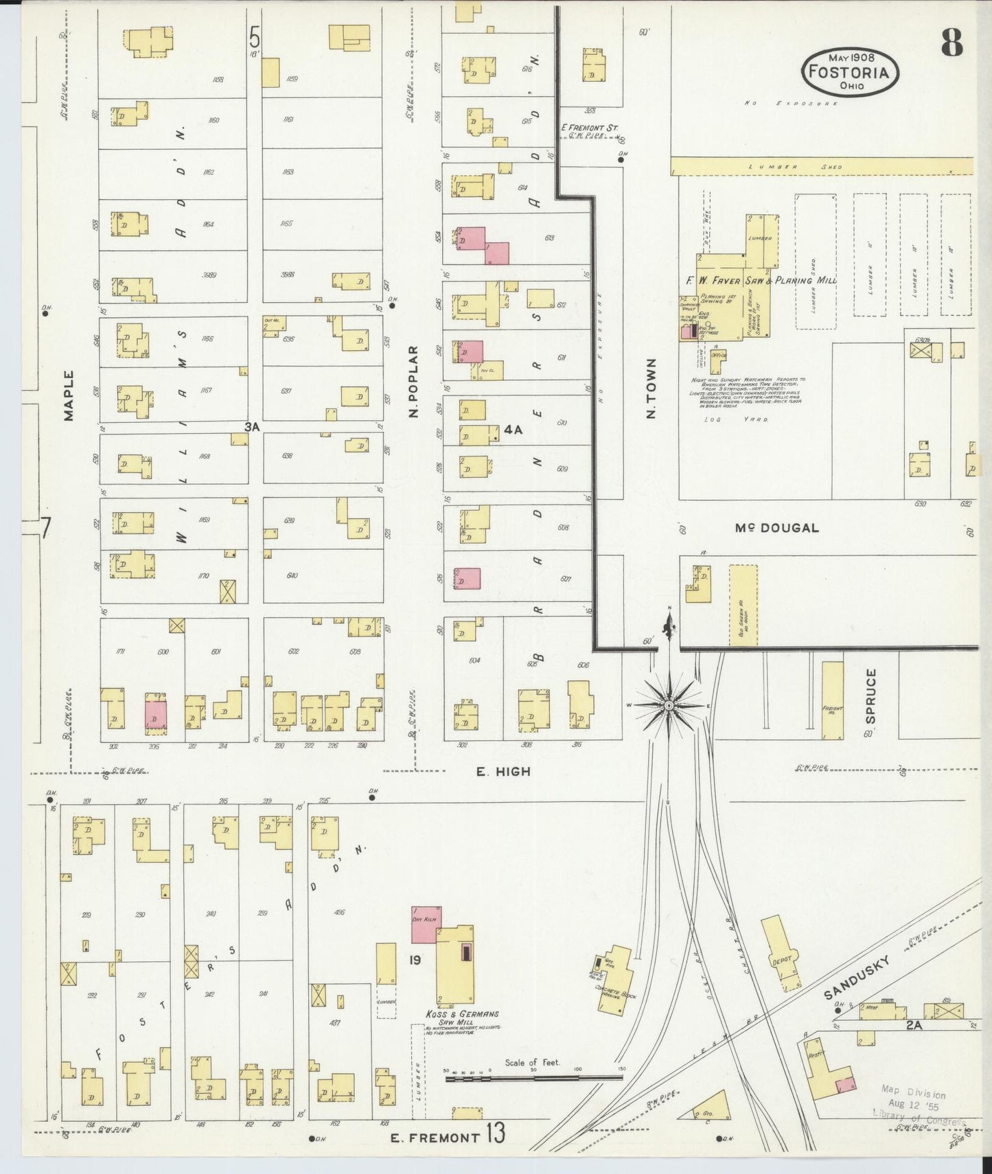 Sanborn Fire Insurance Map from Fostoria, Seneca, Hancock, And Wood Counties, Ohio (1908), Sheet #0008 - Historic Sanborn Fire Insurance Map Print, vintage old map wall art, antique decor, genealogy gift, Ohio Ohio map