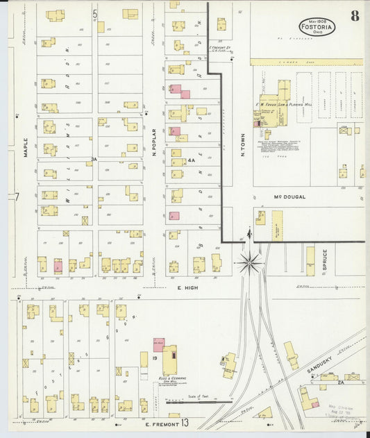 Sanborn Fire Insurance Map from Fostoria, Seneca, Hancock, And Wood Counties, Ohio (1908), Sheet #0008 - Historic Sanborn Fire Insurance Map Print, vintage old map wall art, antique decor, genealogy gift, Ohio Ohio map