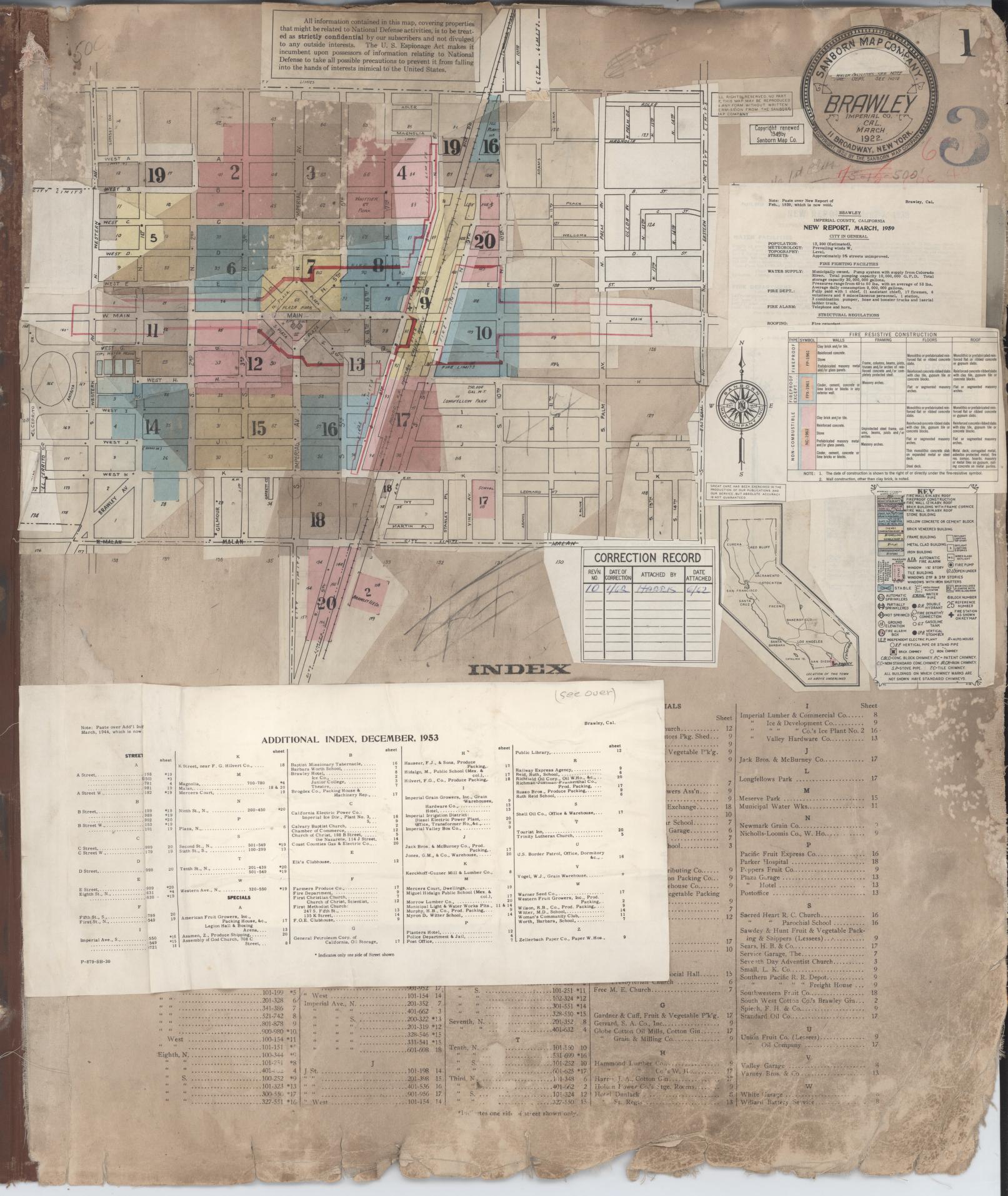 Sanborn Fire Insurance Map from Brawley, Imperial County, California (1962), Sheet #0001 - Historic Sanborn Fire Insurance Map Print, vintage old map wall art, antique decor, genealogy gift, California California map
