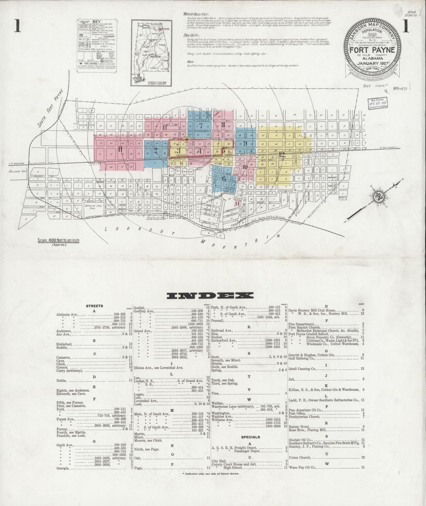 Sanborn Fire Insurance Map from Fort Payne, Dekalb County, Alabama (1927), Sheet #0001 - Historic Sanborn Fire Insurance Map Print, vintage old map wall art, antique decor, genealogy gift, Alabama Alabama map