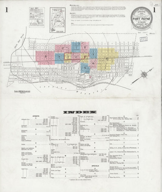 Sanborn Fire Insurance Map from Fort Payne, Dekalb County, Alabama (1927), Sheet #0001 - Historic Sanborn Fire Insurance Map Print, vintage old map wall art, antique decor, genealogy gift, Alabama Alabama map