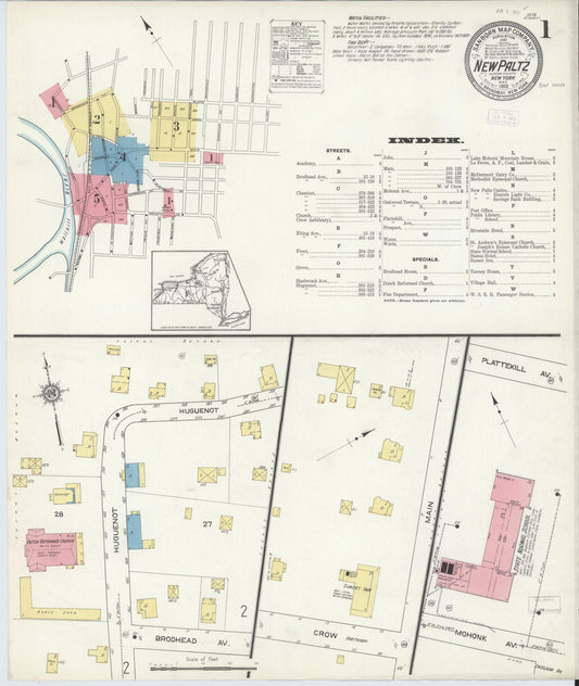 Sanborn Fire Insurance Map from New Paltz, Ulster County, New York (1913), Sheet #0001 - Complete Map Set gallery image, historic Sanborn map, vintage wall art, New York New York