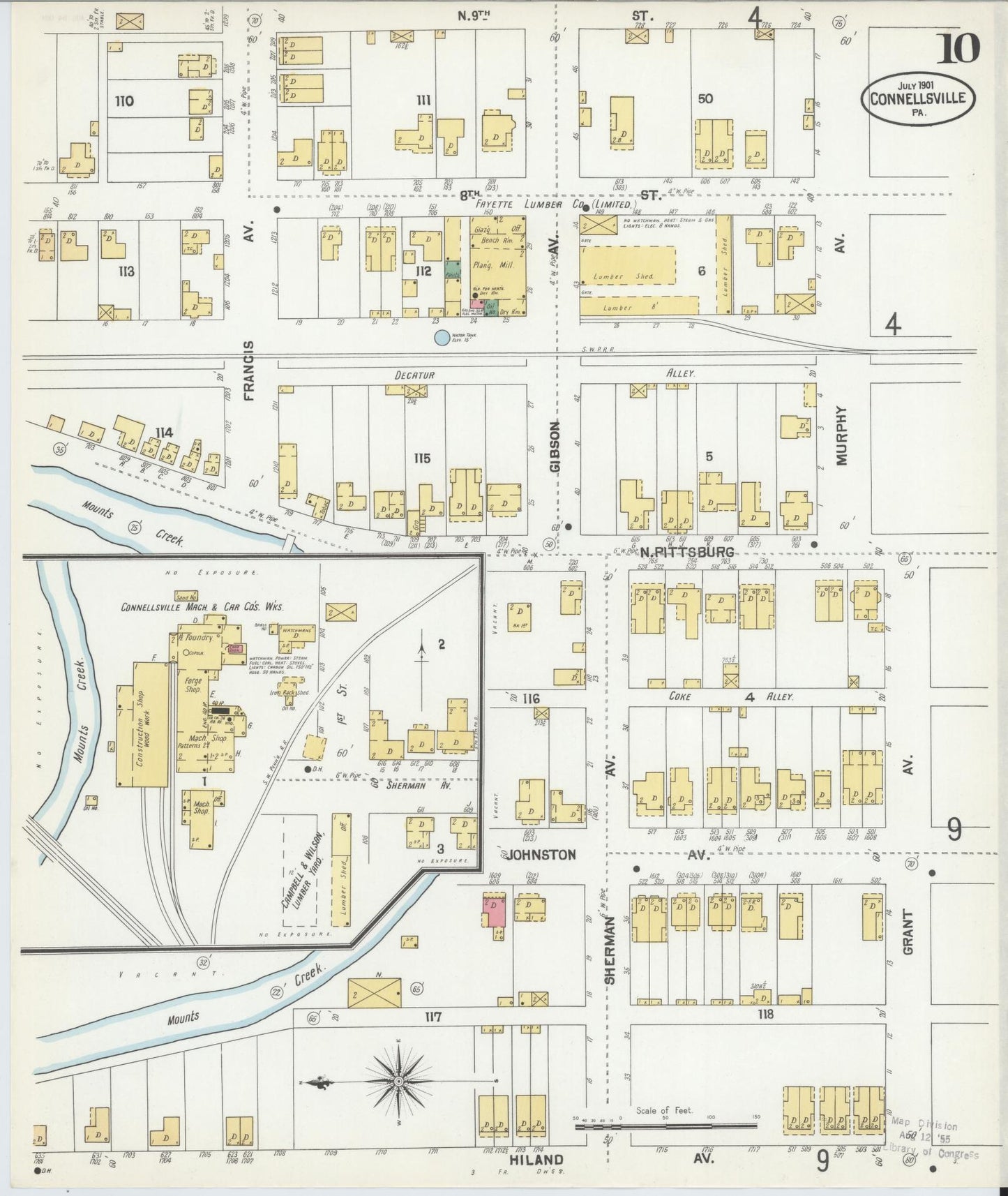 Sanborn Fire Insurance Map from Connellsville, Fayette County, Pennsylvania (1901), Sheet #0010 - Historic Sanborn Fire Insurance Map Print, vintage old map wall art, antique decor, genealogy gift, Pennsylvania Pennsylvania map