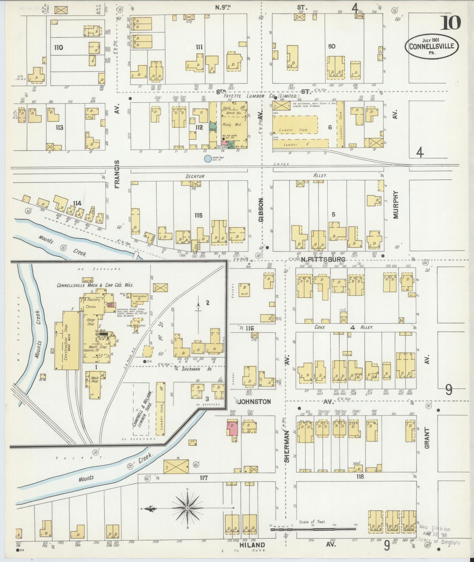 Sanborn Fire Insurance Map from Connellsville, Fayette County, Pennsylvania (1901), Sheet #0010 - Historic Sanborn Fire Insurance Map Print, vintage old map wall art, antique decor, genealogy gift, Pennsylvania Pennsylvania map