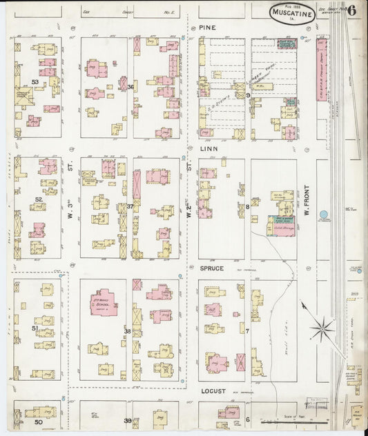 Sanborn Fire Insurance Map from Muscatine, Muscatine County, Iowa (1888), Sheet #0006 - Historic Sanborn Fire Insurance Map Print, vintage old map wall art