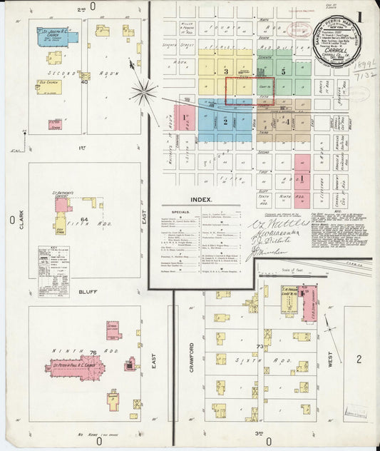 Sanborn Fire Insurance Map from Carroll, Carroll County, Iowa (1898), Sheet #0001 - Historic Sanborn Fire Insurance Map Print, vintage old map wall art