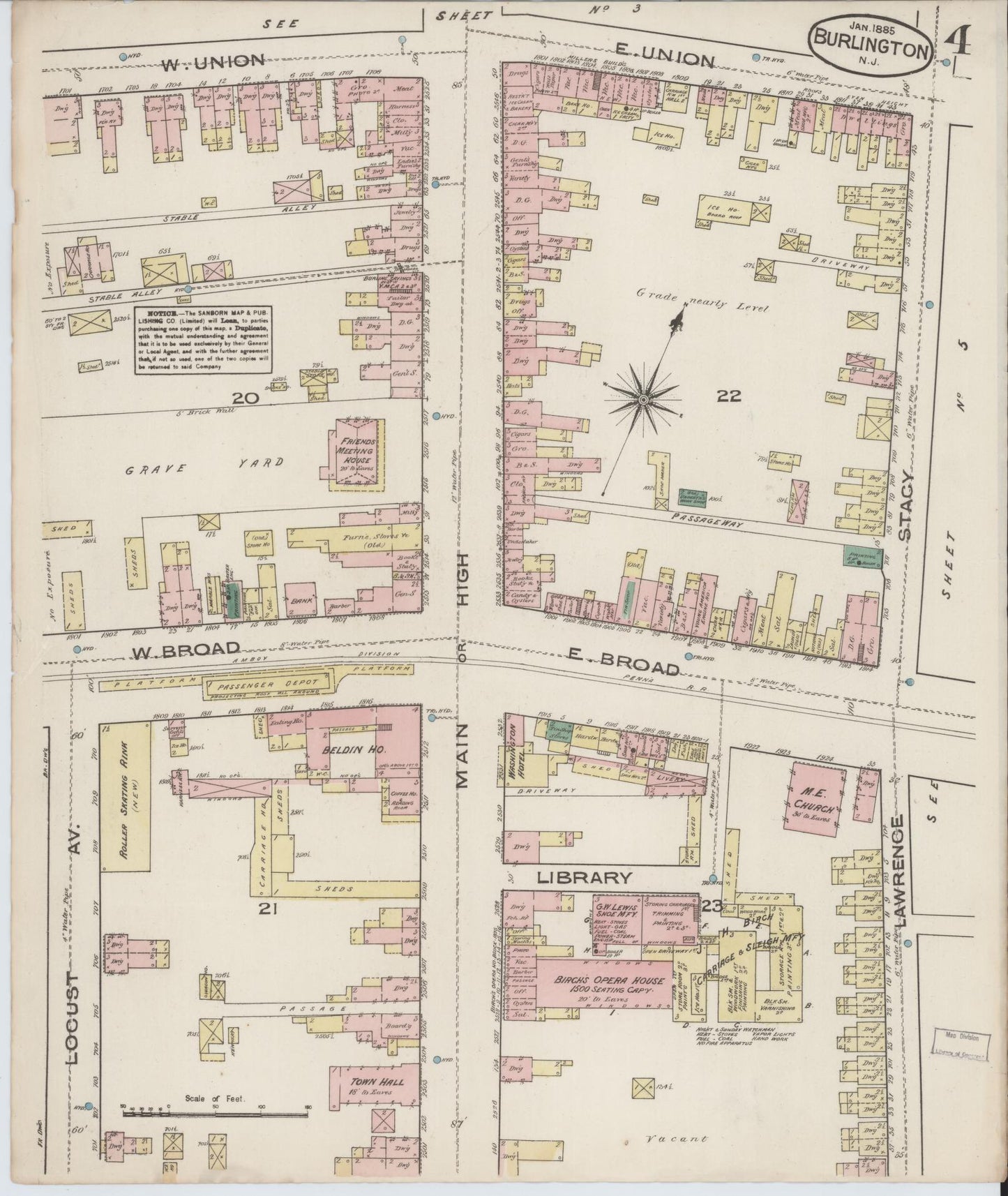 Sanborn Fire Insurance Map from Burlington, Burlington County, New Jersey (1885), Sheet #0004 - Complete Map Set gallery image, historic Sanborn map, vintage wall art, New Jersey New Jersey