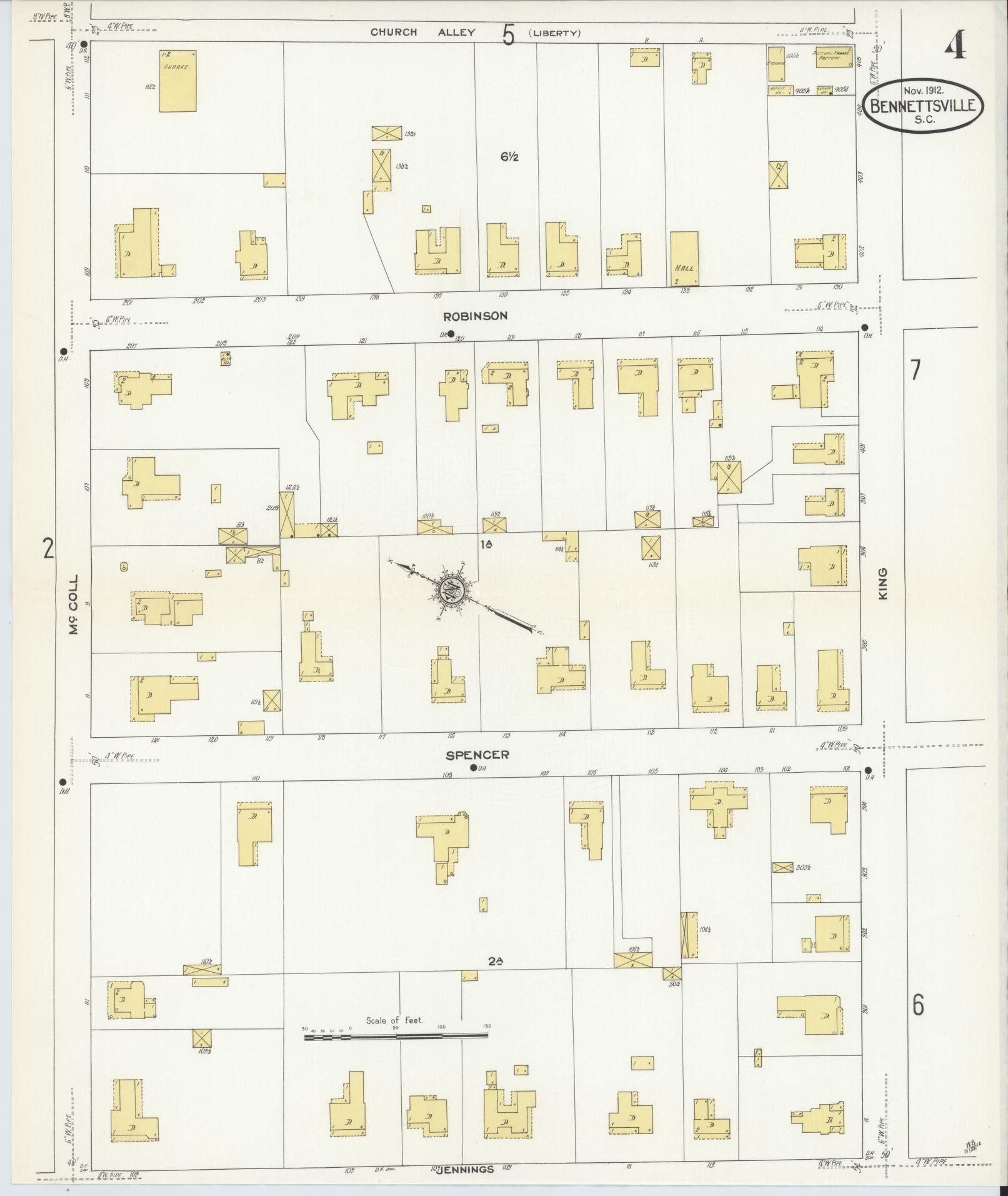 Sanborn Fire Insurance Map from Bennettsville, Marlboro County, South Carolina (1912), Sheet #0004 - Historic Sanborn Fire Insurance Map Print, vintage old map wall art, antique decor, genealogy gift, South Carolina South Carolina map