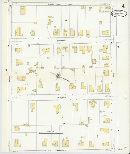 Sanborn Fire Insurance Map from Bennettsville, Marlboro County, South Carolina (1912), Sheet #0004 - Historic Sanborn Fire Insurance Map Print, vintage old map wall art, antique decor, genealogy gift, South Carolina South Carolina map