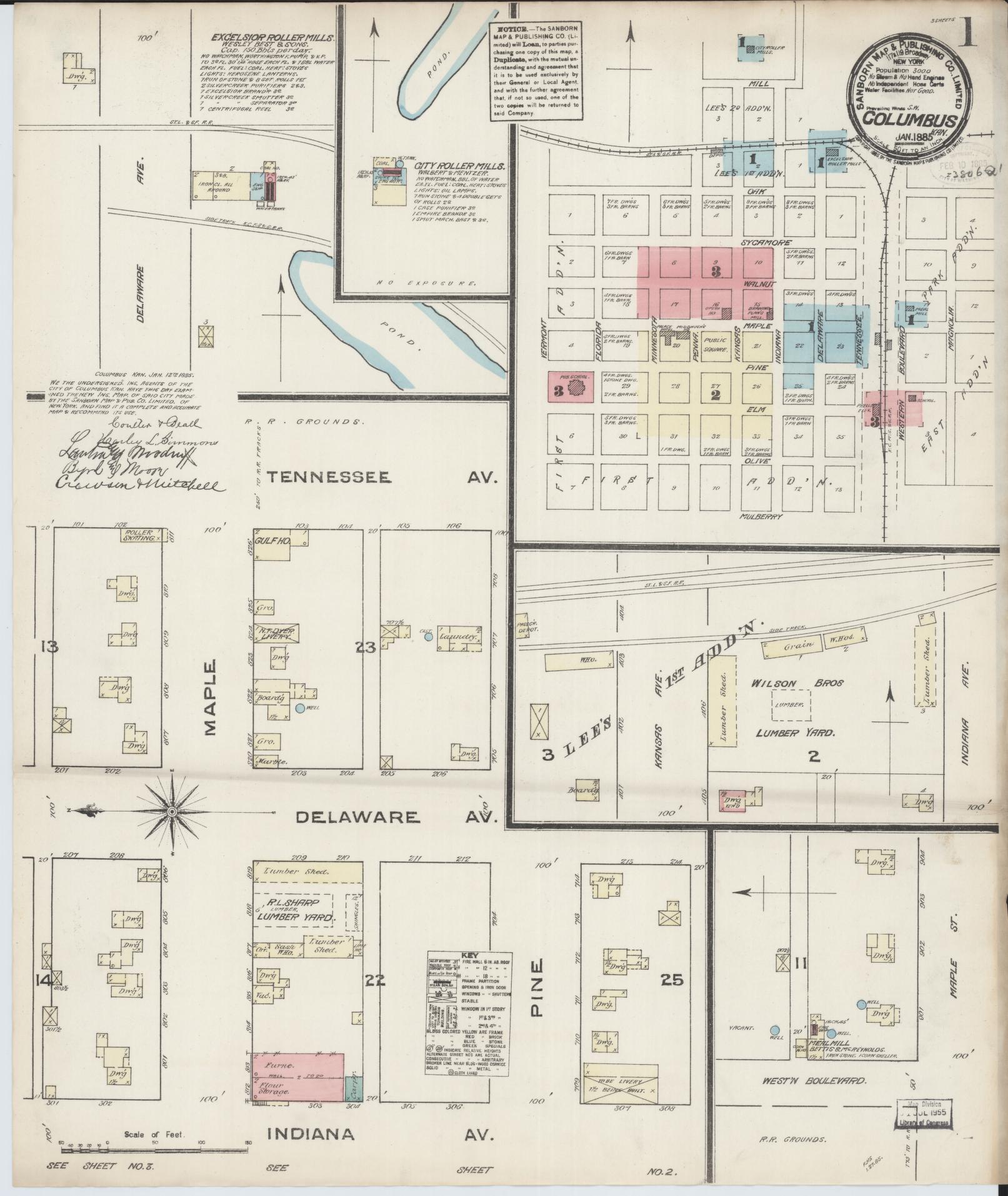 Sanborn Fire Insurance Map from Columbus, Cherokee County, Kansas (1885), Sheet #0001 - Complete Map Set gallery image, historic Sanborn map, vintage wall art, Kansas Kansas