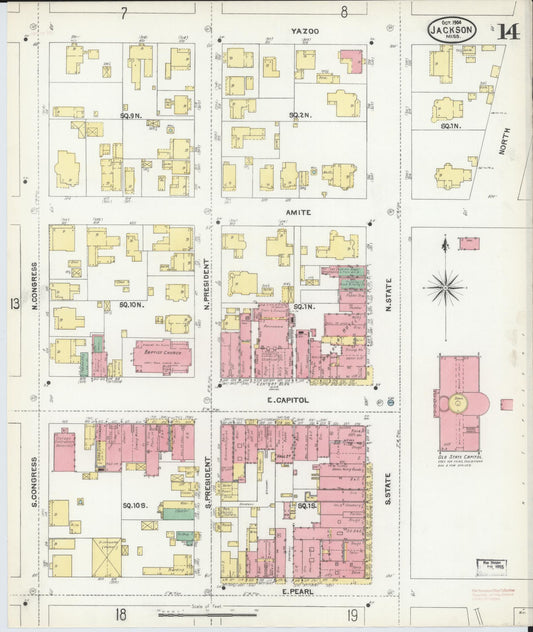 Sanborn Fire Insurance Map from Jackson, Hinds County, Mississippi (1904), Sheet #0014 - Historic Sanborn Fire Insurance Map Print, vintage old map wall art, antique decor, genealogy gift, Mississippi Mississippi map