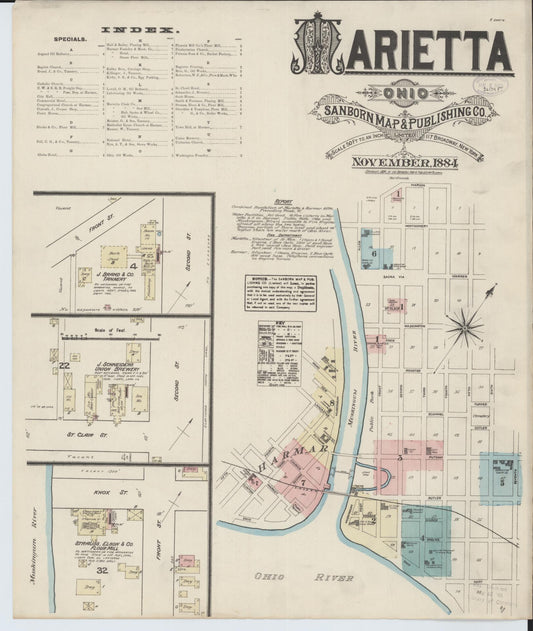 Sanborn Fire Insurance Map from Marietta, Washington County, Ohio (1884), Sheet #0001 - Historic Sanborn Fire Insurance Map Print, vintage old map wall art, antique decor, genealogy gift, Ohio Ohio map