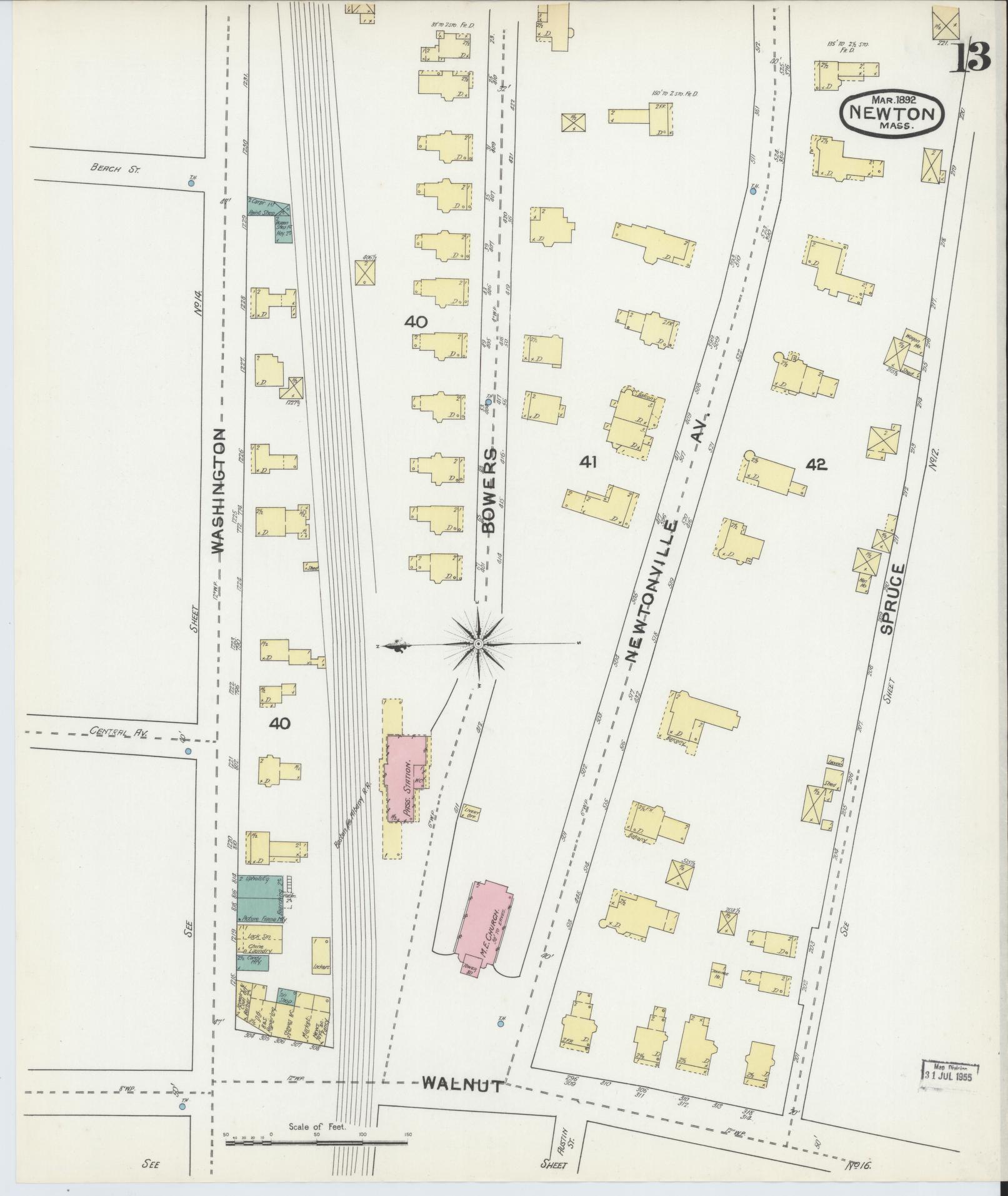 Sanborn Fire Insurance Map from Newton, Middlesex County, Massachusetts (1892), Sheet #0013 - Complete Map Set gallery image, historic Sanborn map, vintage wall art, Massachusetts Massachusetts