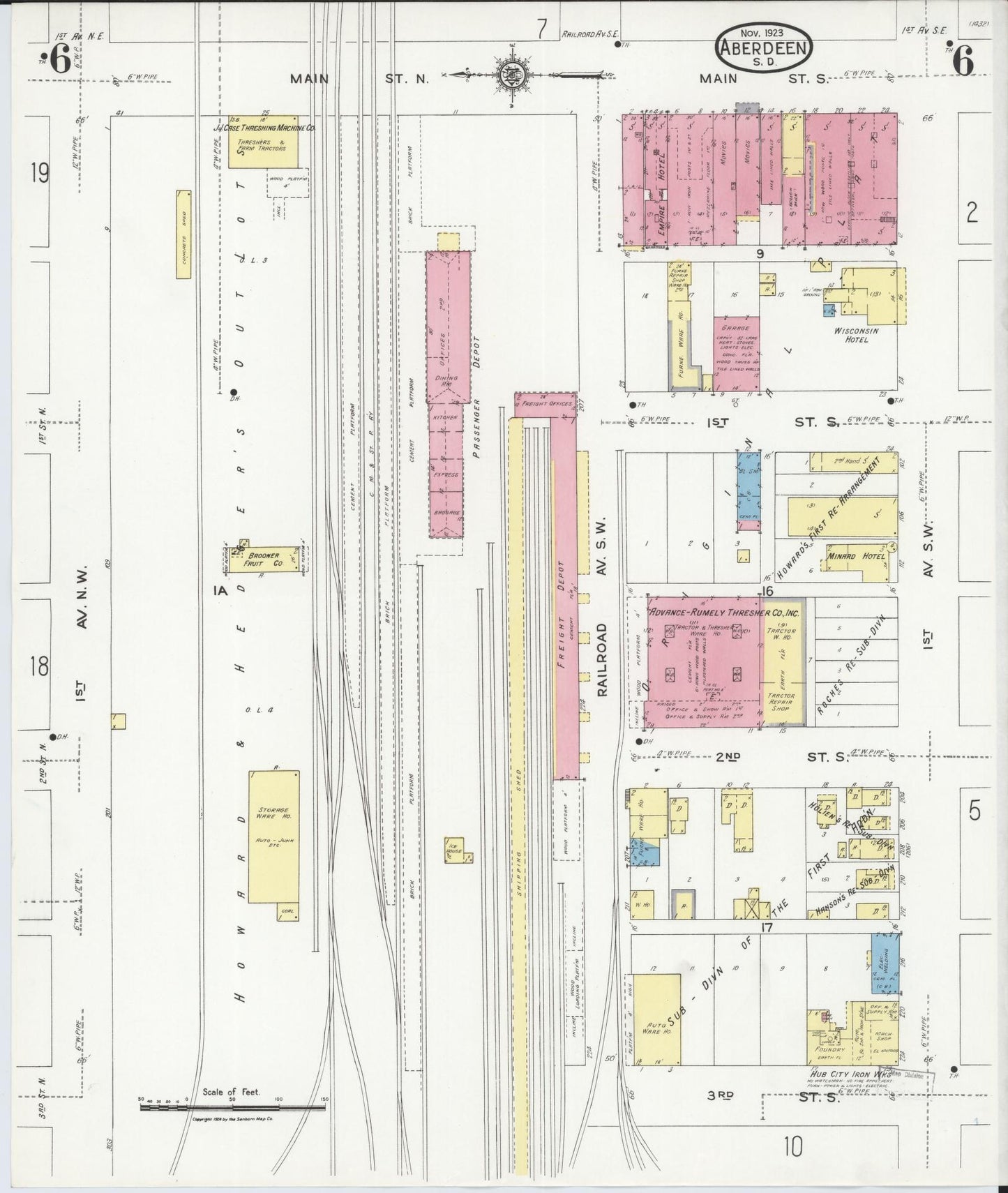 Sanborn Fire Insurance Map from Aberdeen, Brown County, South Dakota (1923), Sheet #0006 - Historic Sanborn Fire Insurance Map Print, vintage old map wall art, antique decor, genealogy gift, South Dakota South Dakota map