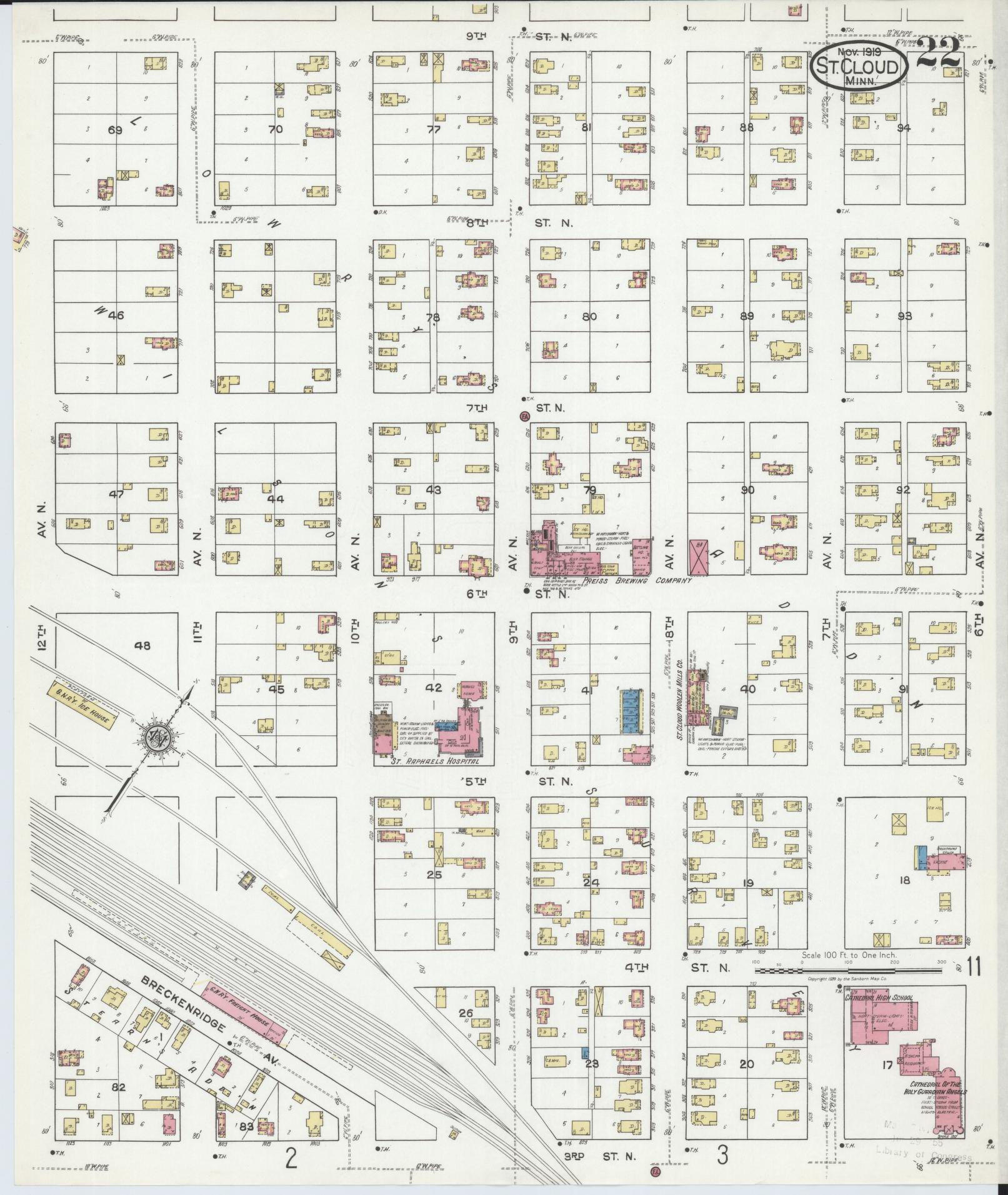 Sanborn Fire Insurance Map from Saint Cloud, Stearns, Benton, and Sherburne Counties, Minnesota (1919), Sheet #0022 - Complete Map Set gallery image, historic Sanborn map, vintage wall art, Minnesota Minnesota