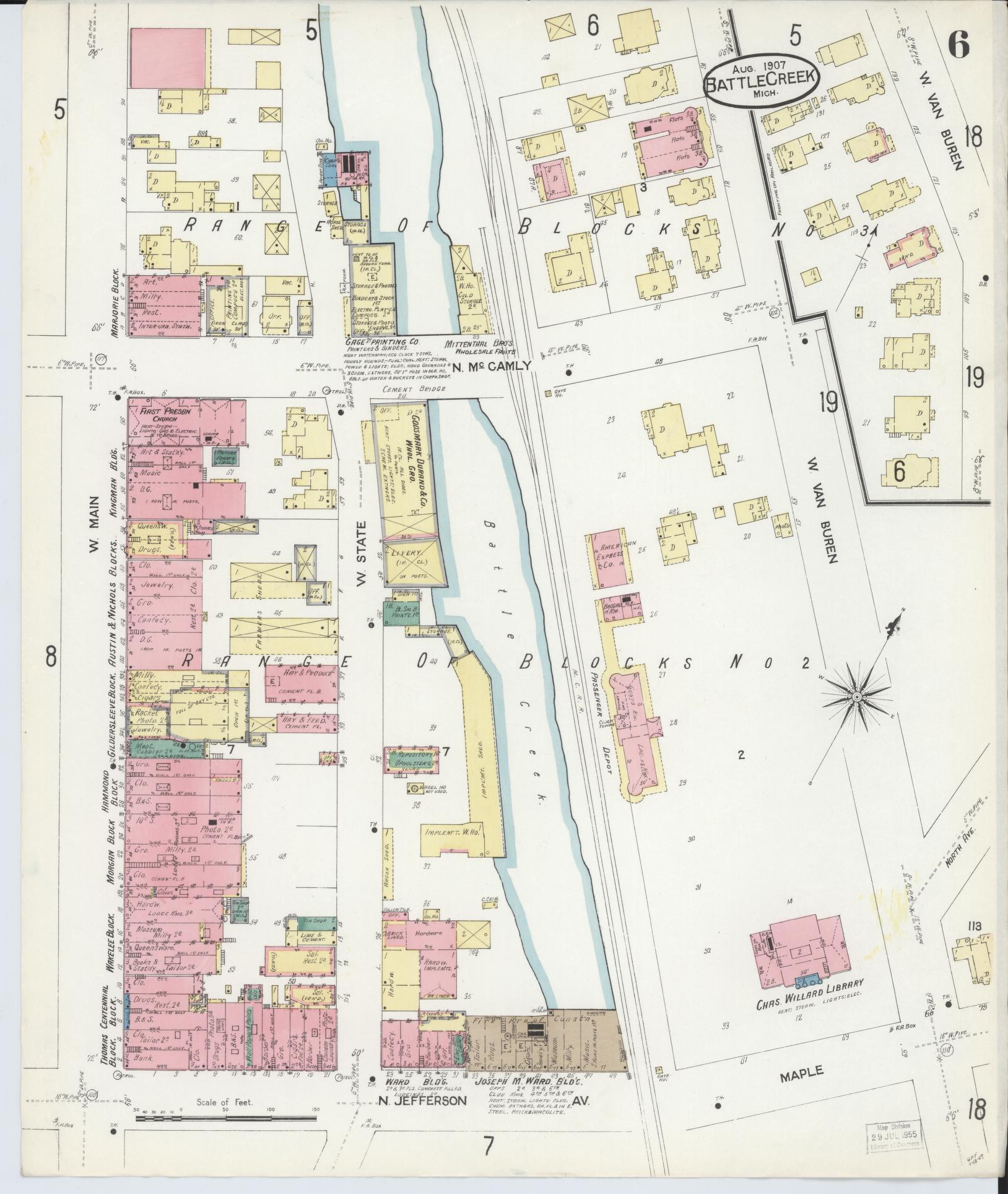 Sanborn Fire Insurance Map from Battle Creek, Calhoun County, Michigan (1907), Sheet #0006 - Historic Sanborn Fire Insurance Map Print, vintage old map wall art, antique decor, genealogy gift, Michigan Michigan map