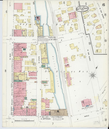 Sanborn Fire Insurance Map from Battle Creek, Calhoun County, Michigan (1907), Sheet #0006 - Historic Sanborn Fire Insurance Map Print, vintage old map wall art, antique decor, genealogy gift, Michigan Michigan map