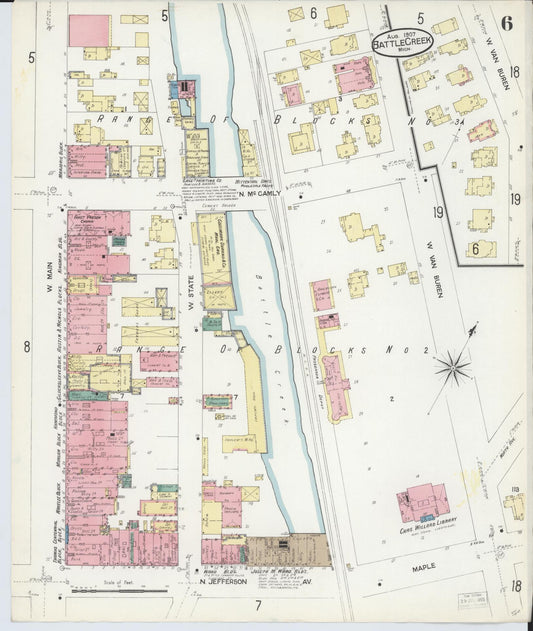 Sanborn Fire Insurance Map from Battle Creek, Calhoun County, Michigan (1907), Sheet #0006 - Historic Sanborn Fire Insurance Map Print, vintage old map wall art, antique decor, genealogy gift, Michigan Michigan map