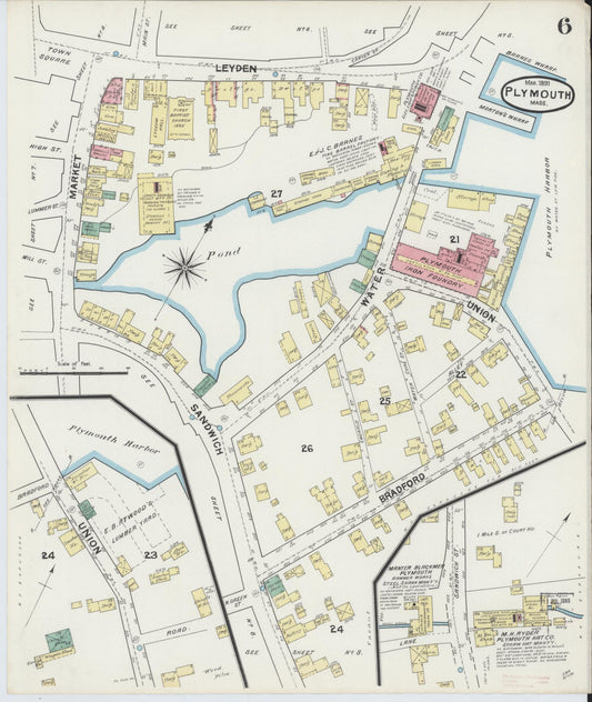 Sanborn Fire Insurance Map from Plymouth, Plymouth County, Massachusetts (1891), Sheet #0006 - Historic Sanborn Fire Insurance Map Print, vintage old map wall art, antique decor, genealogy gift, Massachusetts Massachusetts map