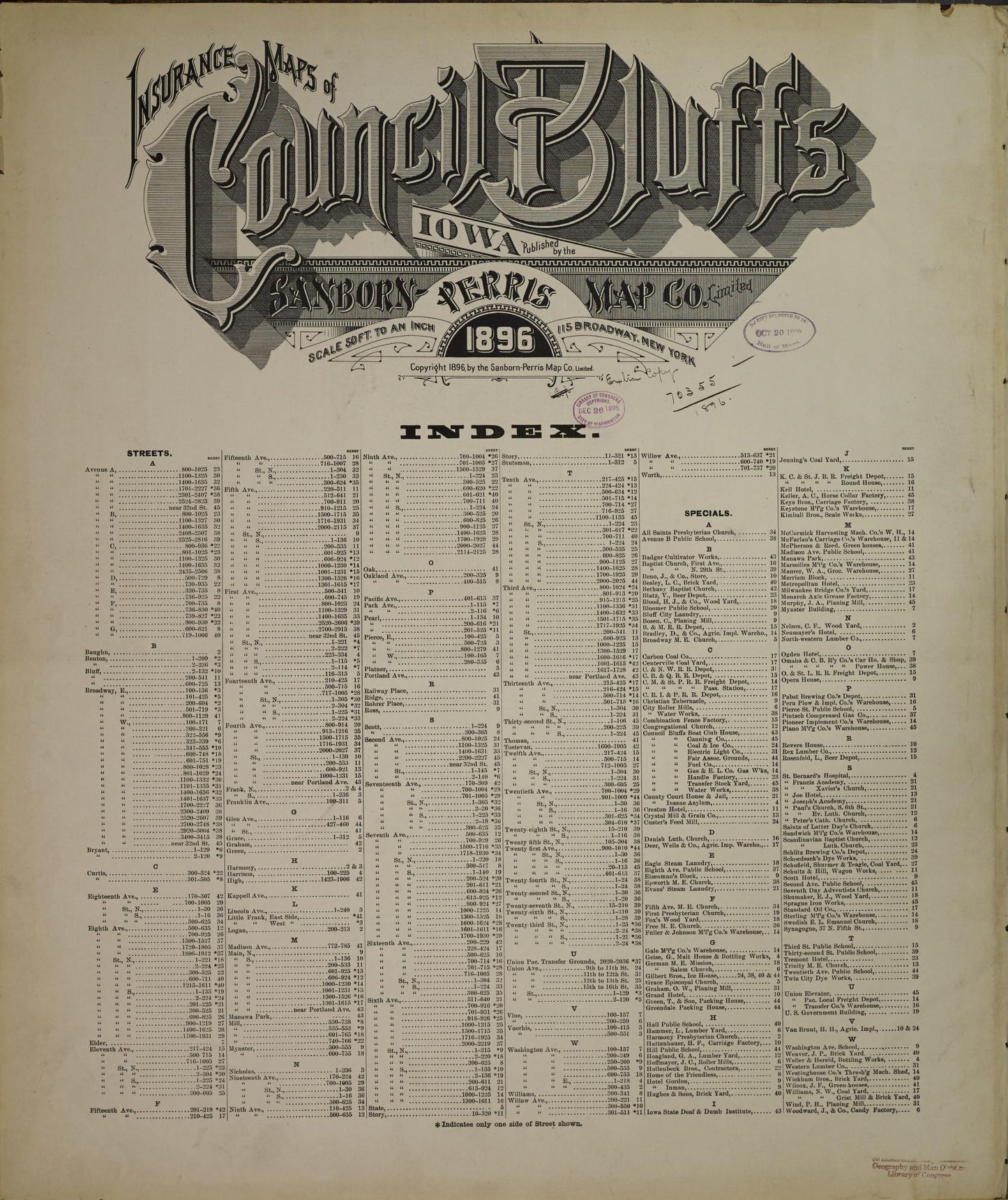 Sanborn Fire Insurance Map from Council Bluffs, Pottawattamie County, Iowa (1896), Sheet #0001 - Historic Sanborn Fire Insurance Map Print, vintage old map wall art