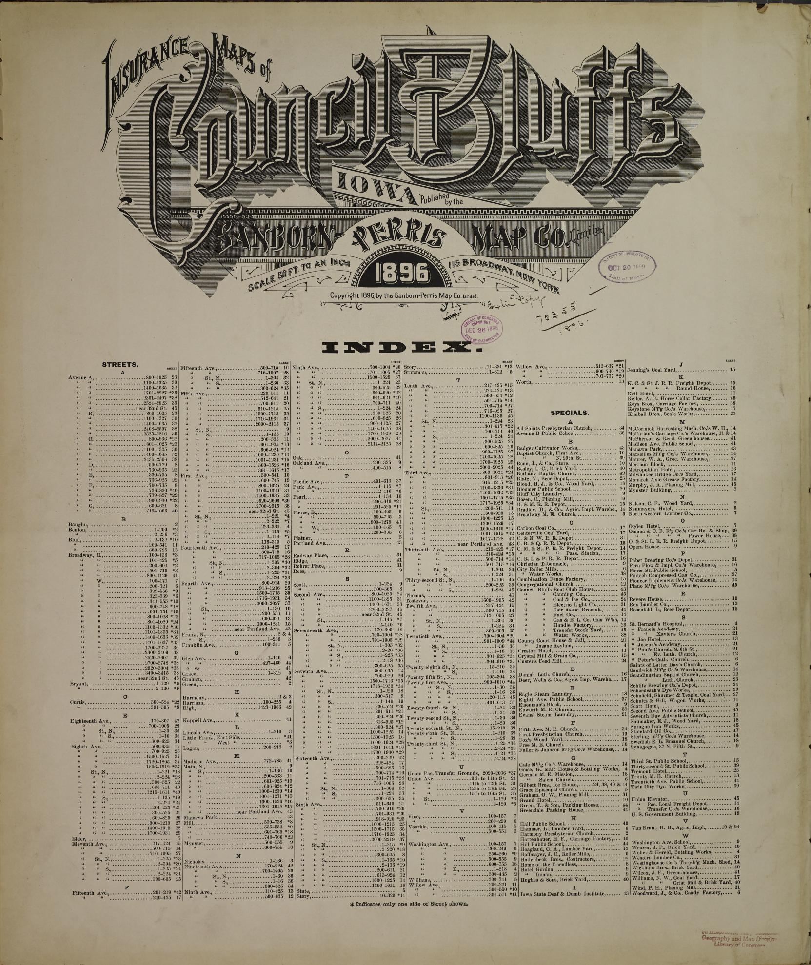 Sanborn Fire Insurance Map from Council Bluffs, Pottawattamie County, Iowa (1896), Sheet #0001 - Historic Sanborn Fire Insurance Map Print, vintage old map wall art
